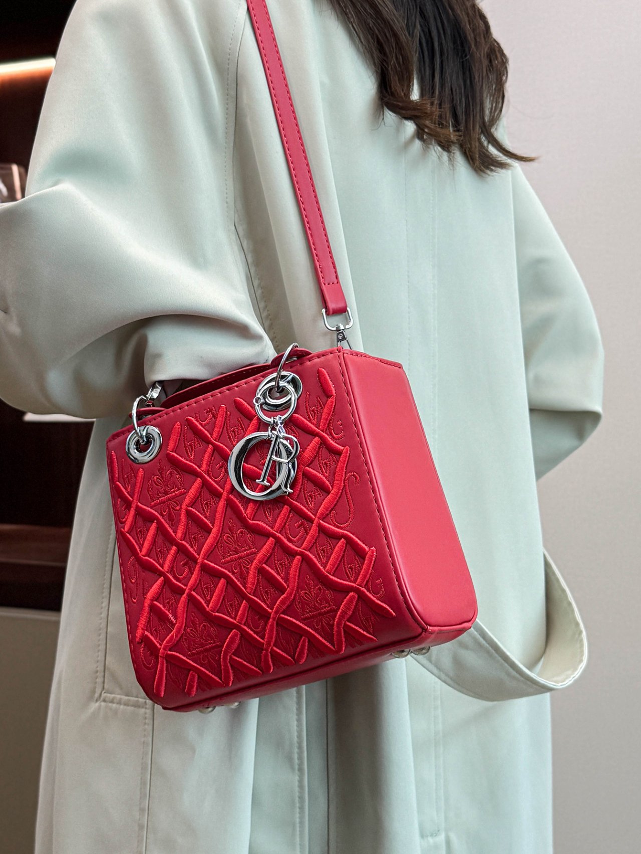 Red Embroidered Shoulder Bag