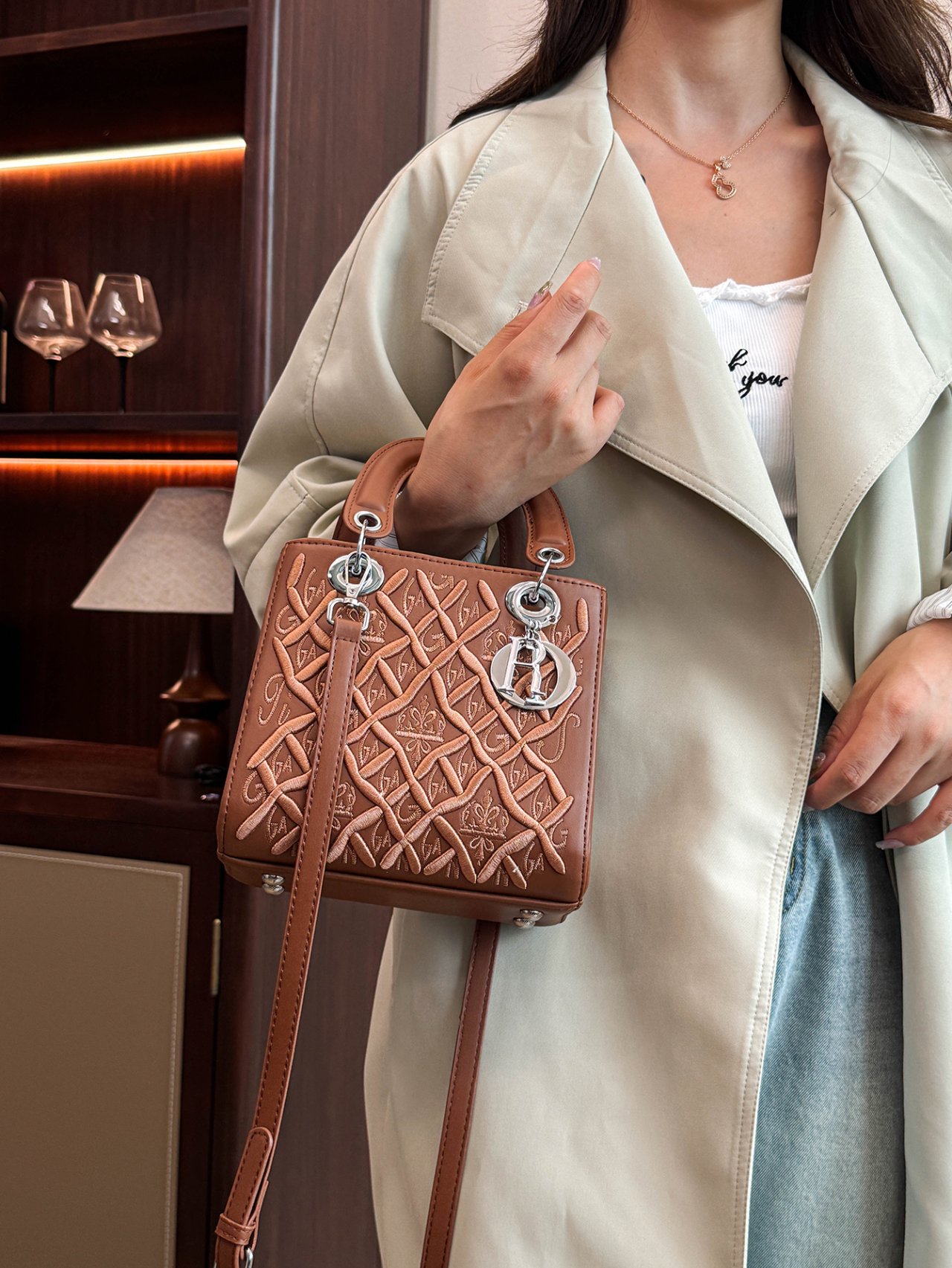 Coffee Brown Embroidered Handbag
