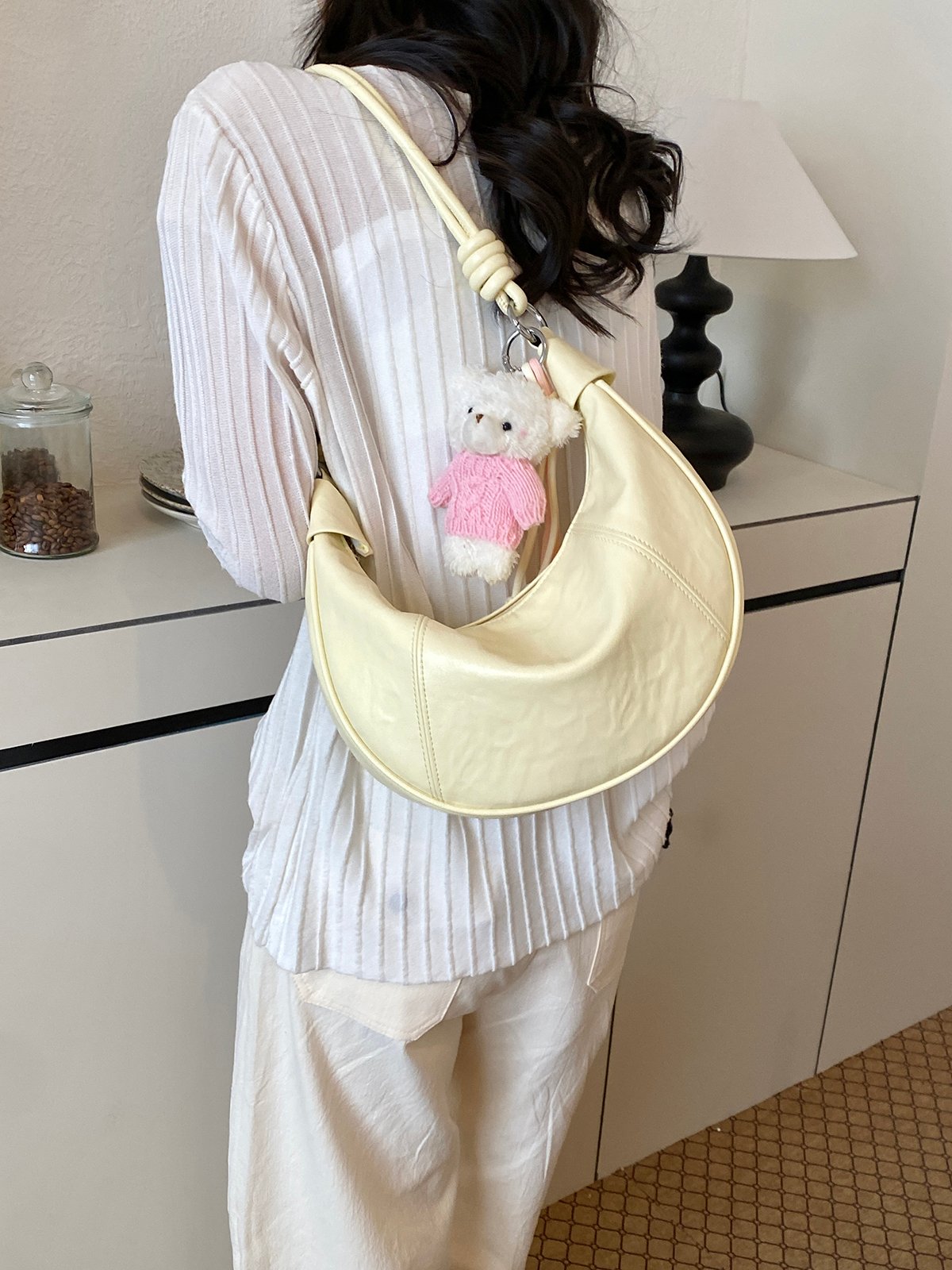 Yellow Crescent Shoulder Bag with Teddy Charm