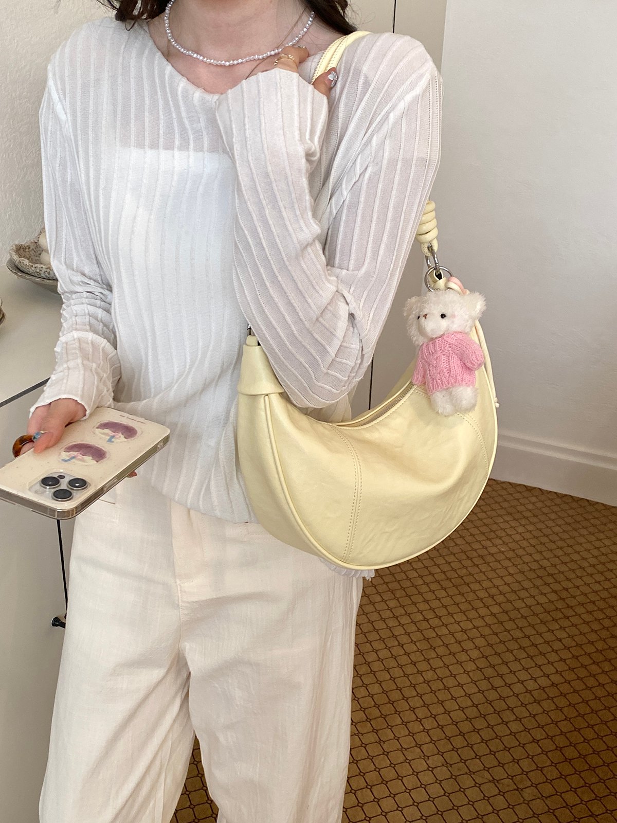 Yellow Crescent Shoulder Bag with Teddy Charm