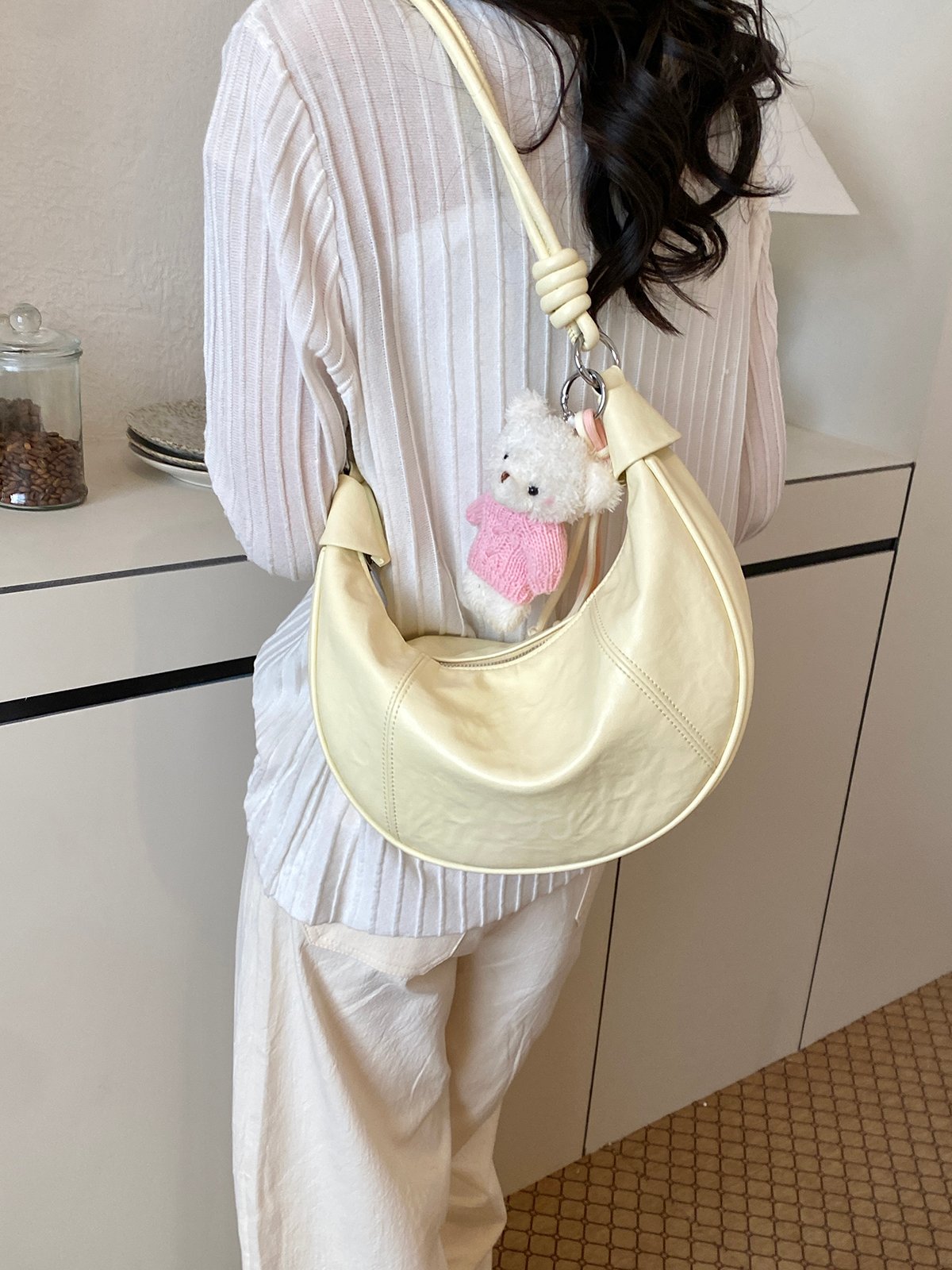 Yellow Crescent Shoulder Bag with Teddy Charm