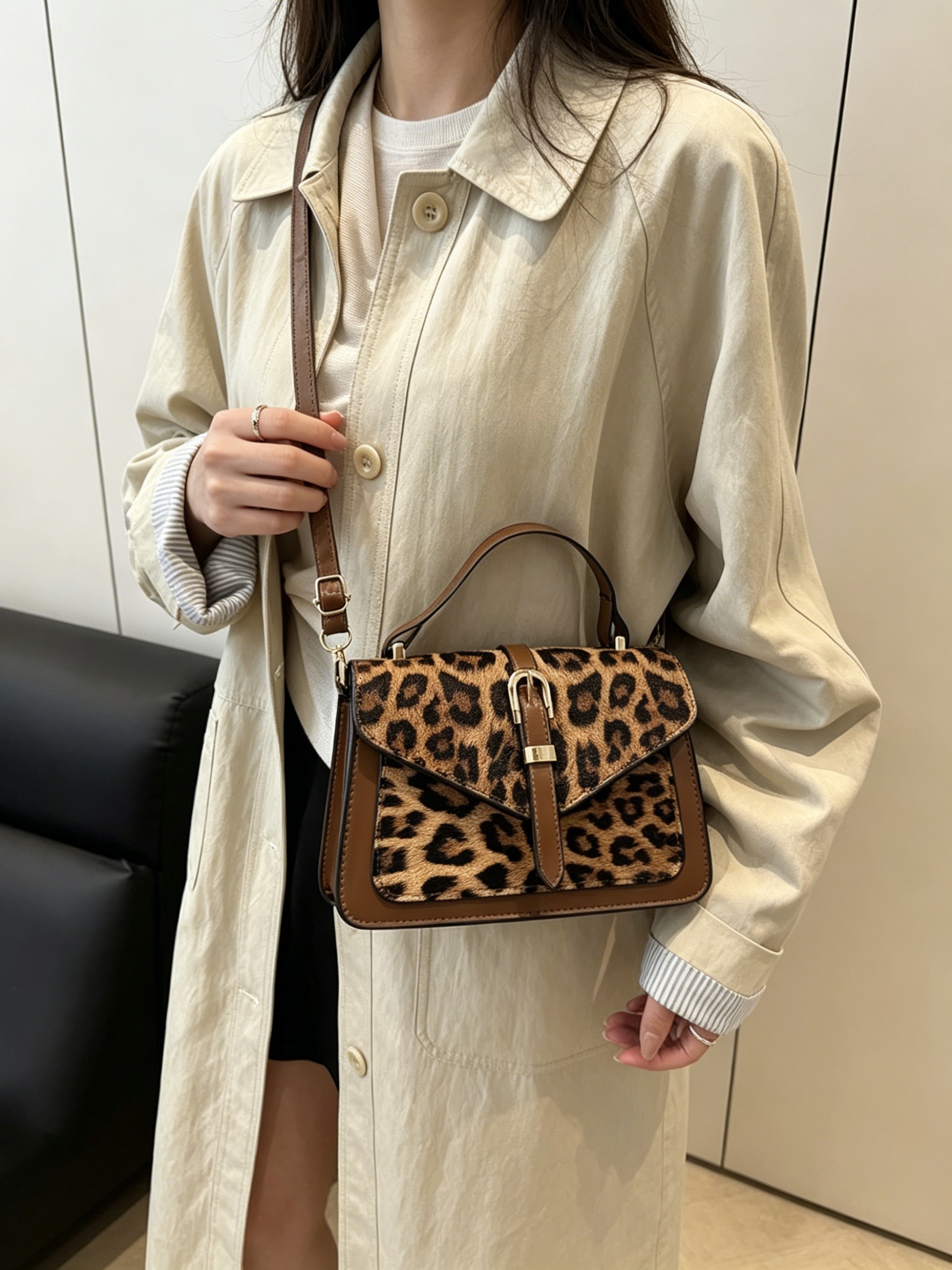 Khaki Leopard Print Shoulder Bag