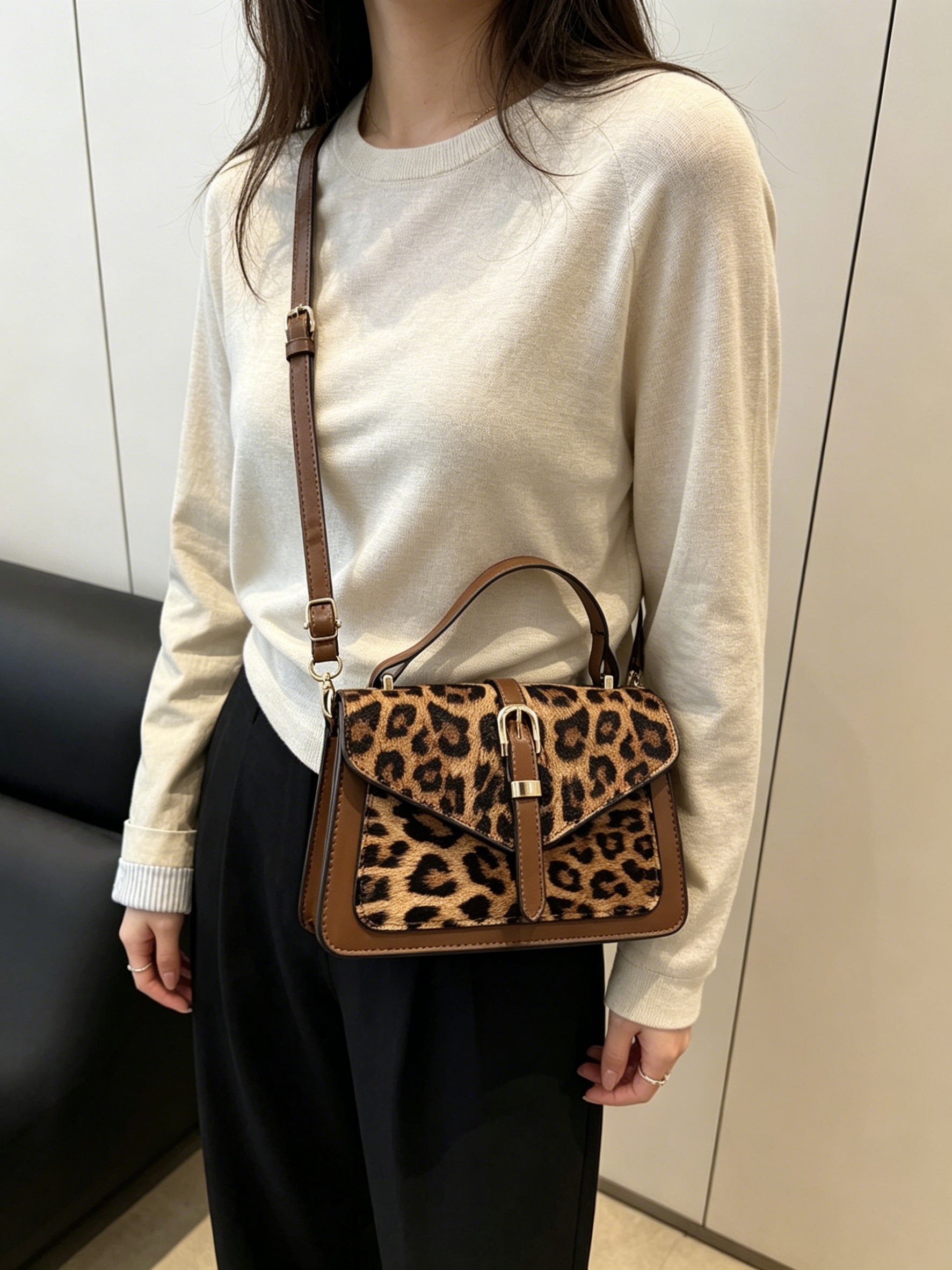 Khaki Leopard Print Shoulder Bag