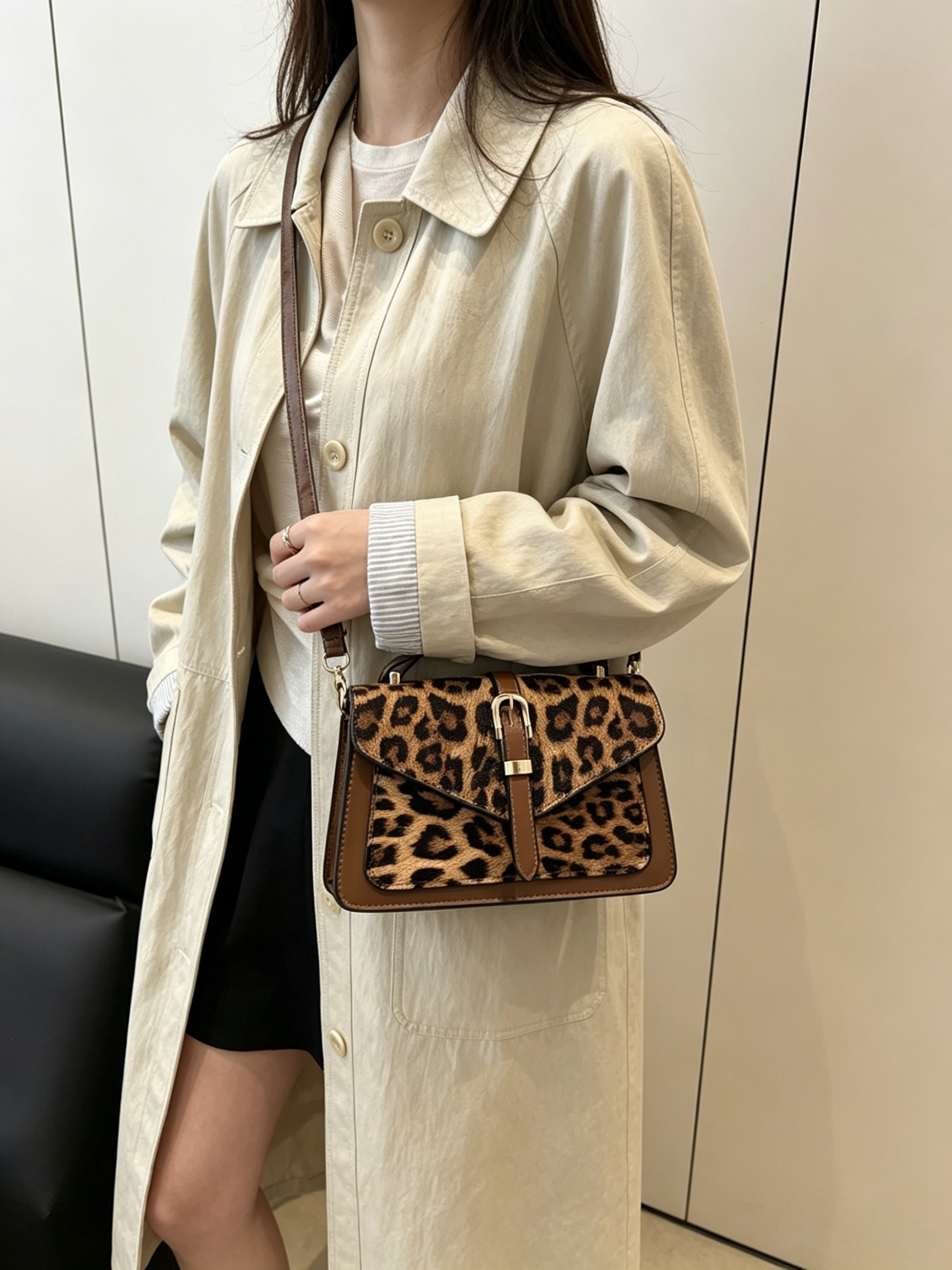 Khaki Leopard Print Shoulder Bag