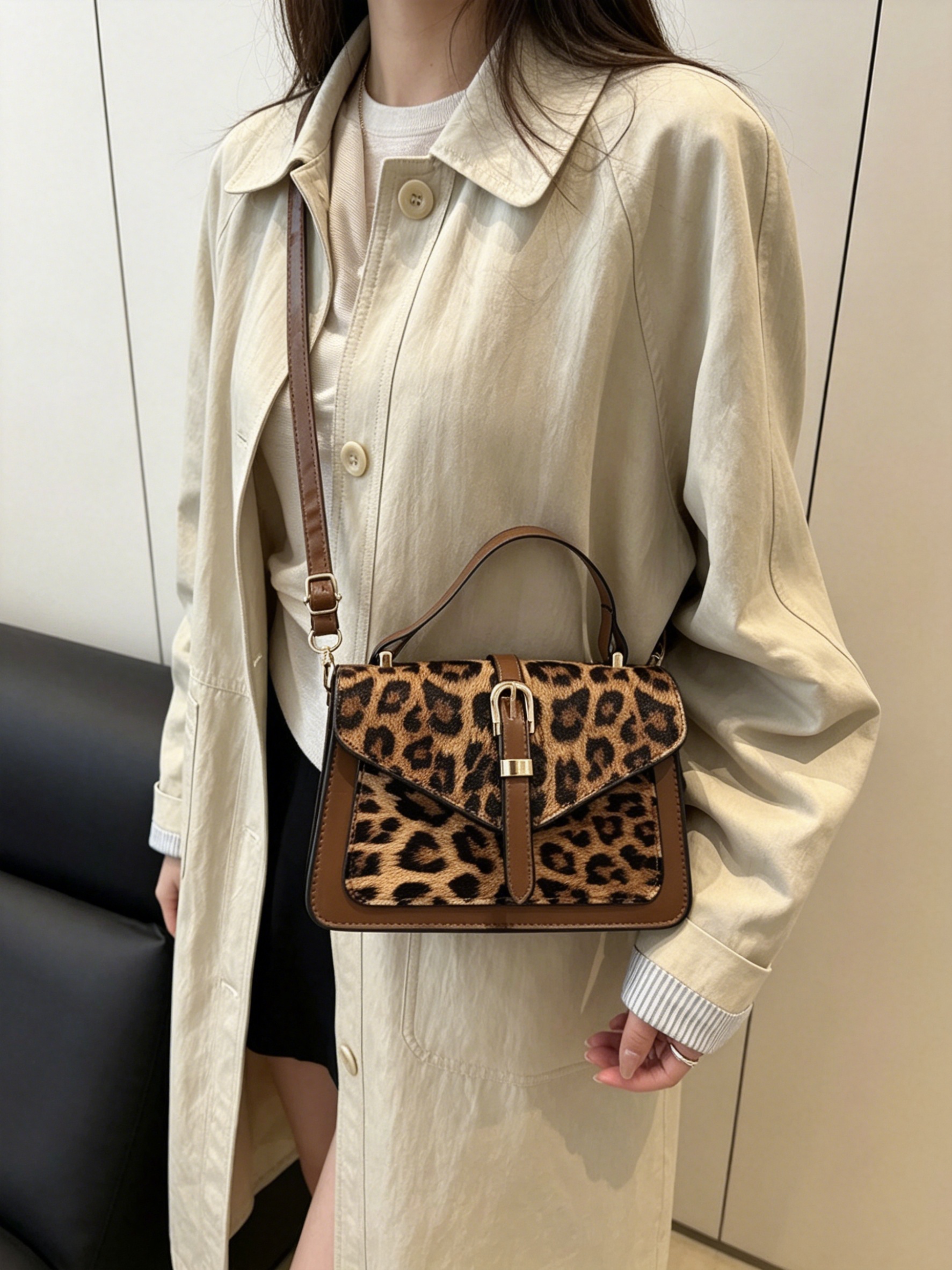 Khaki Leopard Print Shoulder Bag