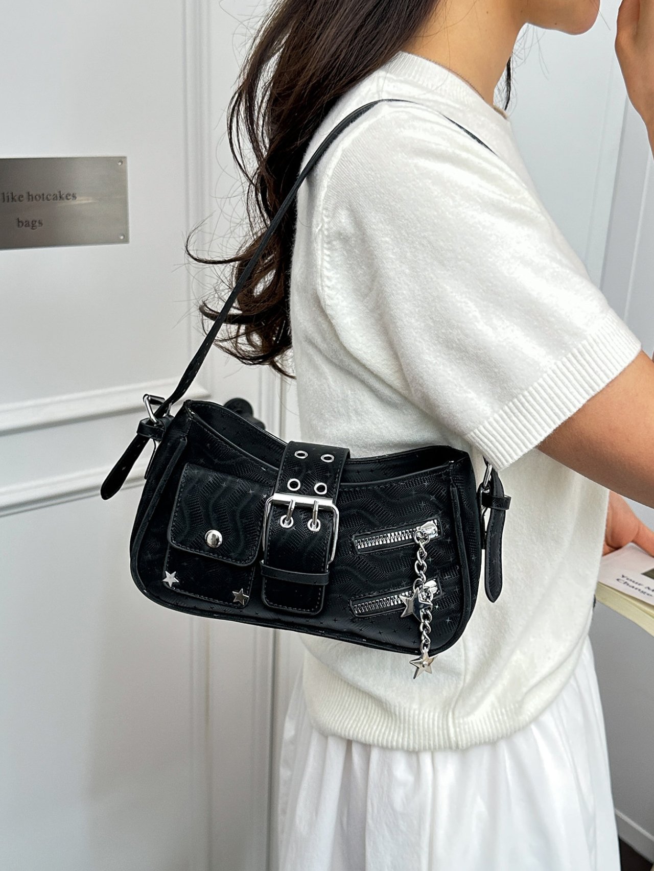 Black Buckle Shoulder Bag with Star Charms