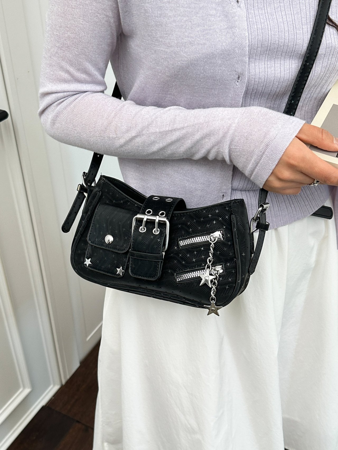 Black Buckle Shoulder Bag with Star Charms