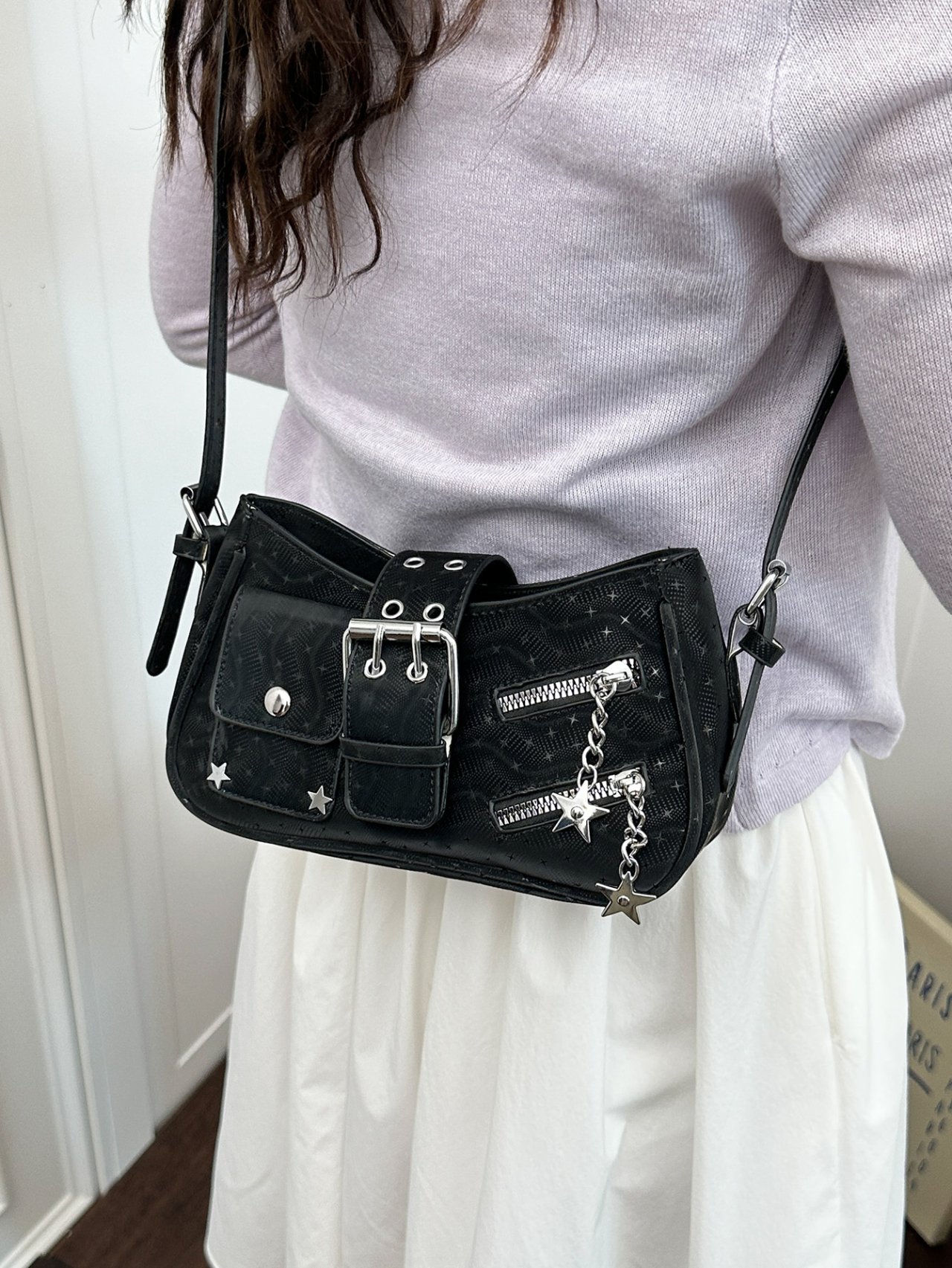 Black Buckle Shoulder Bag with Star Charms