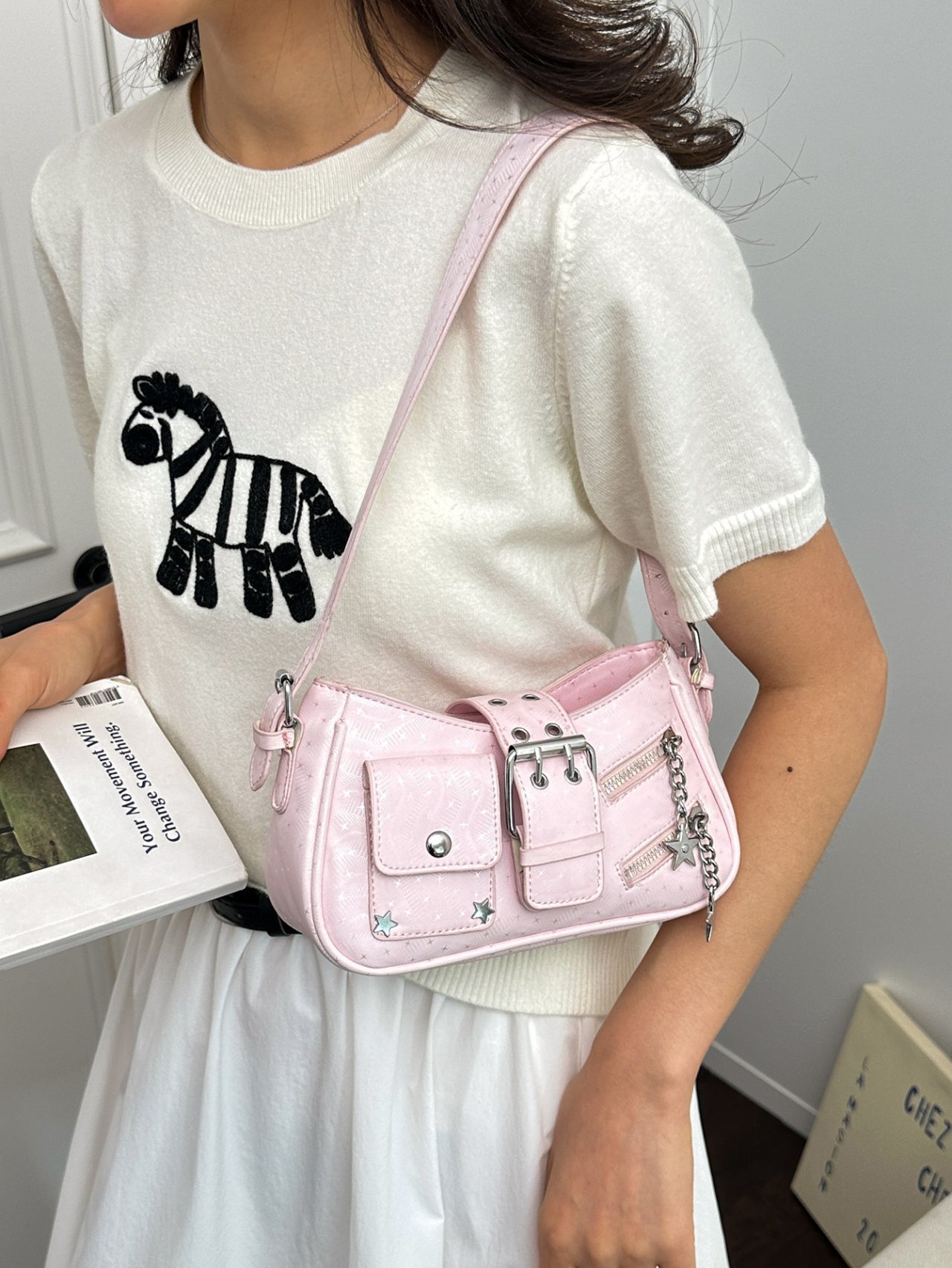 Pink Buckle Star Charm Shoulder Bag