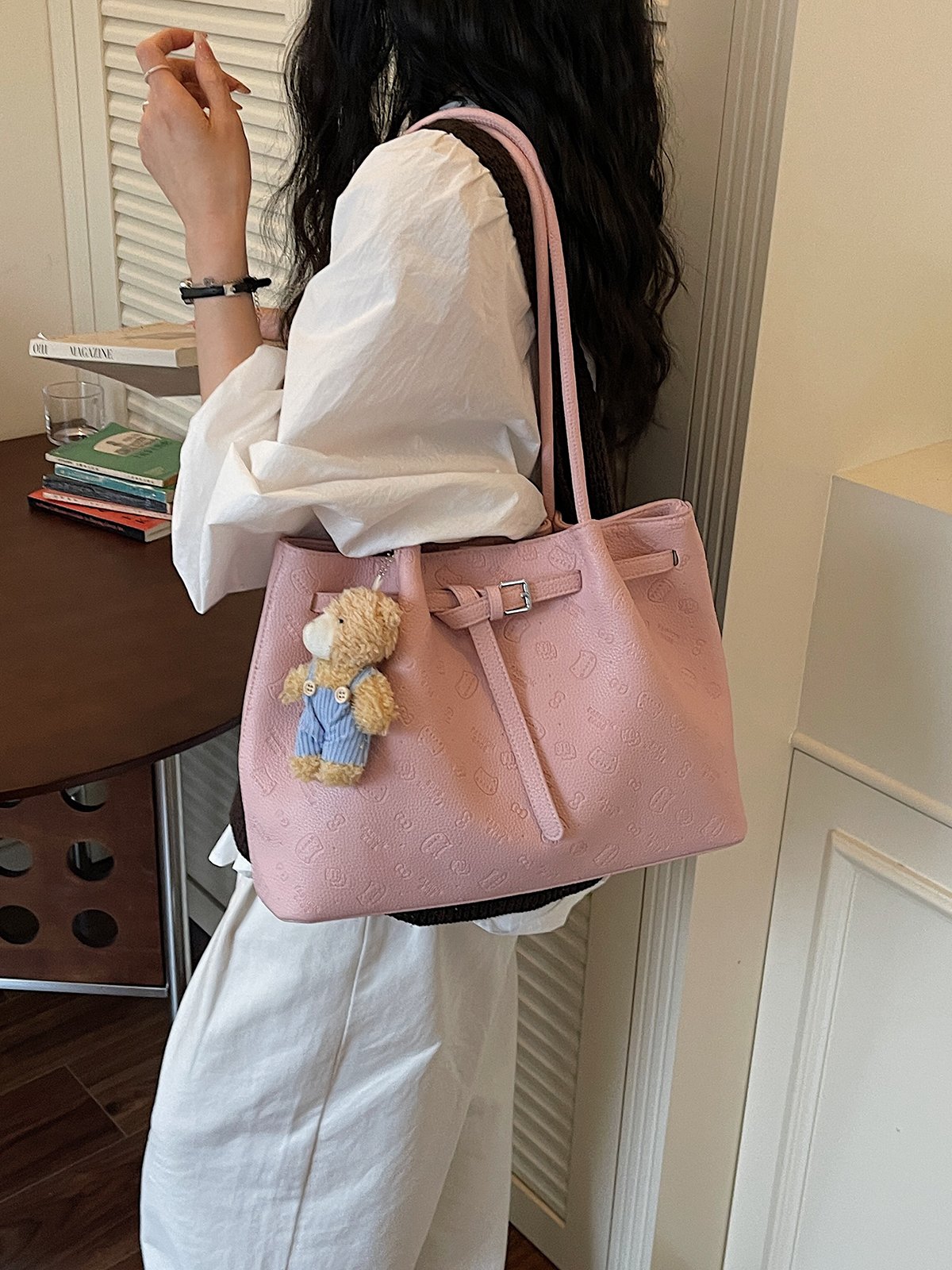 Pink Embossed Shoulder Bag with Teddy Charm
