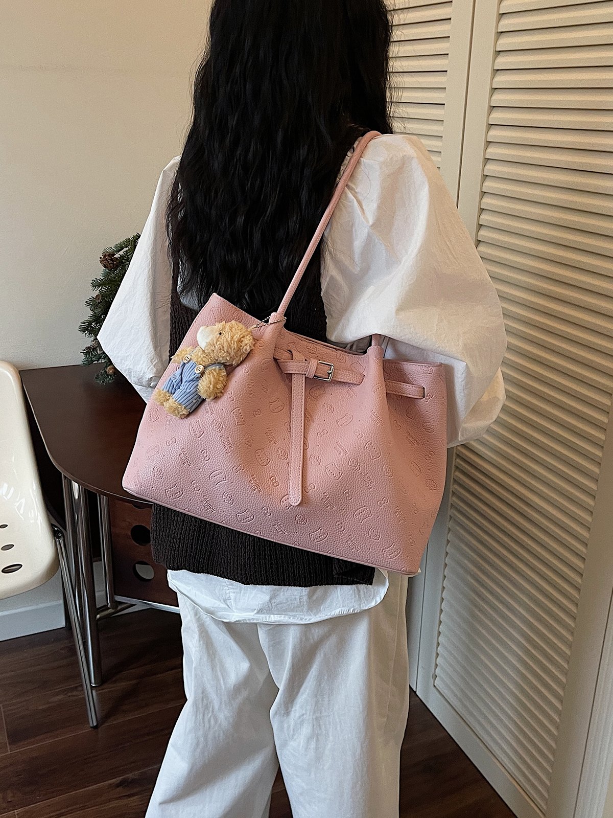 Pink Embossed Shoulder Bag with Teddy Charm