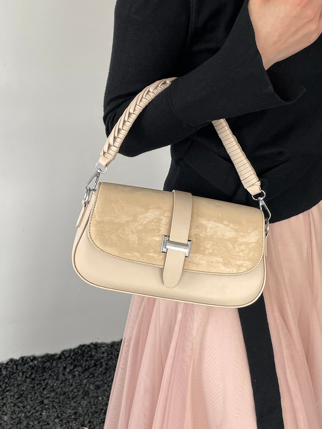 Khaki Shoulder Bag with Braided Strap