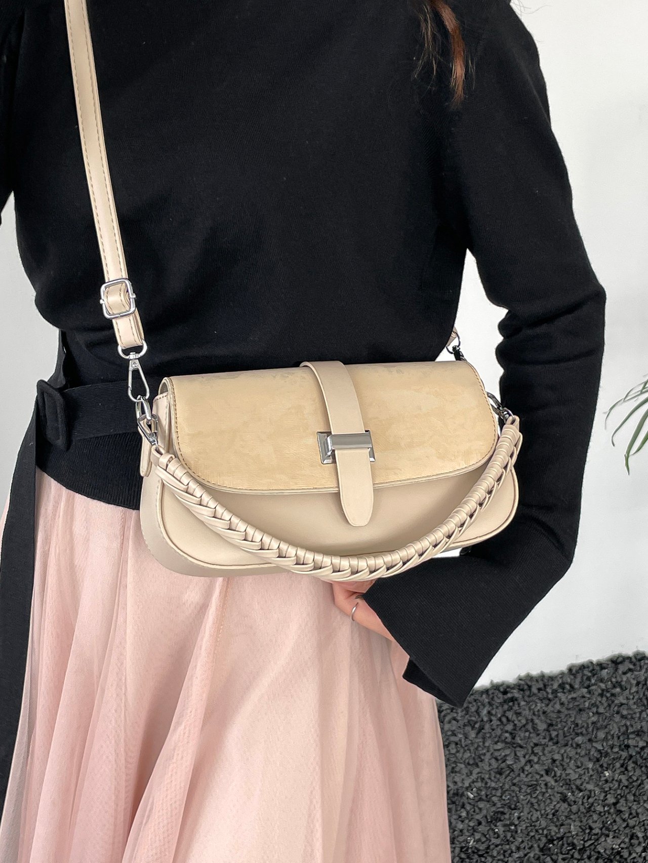 Khaki Shoulder Bag with Braided Strap