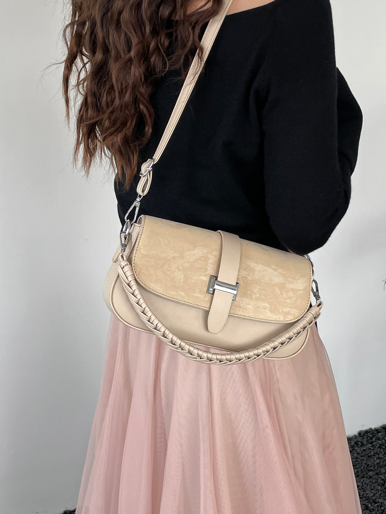 Khaki Shoulder Bag with Braided Strap