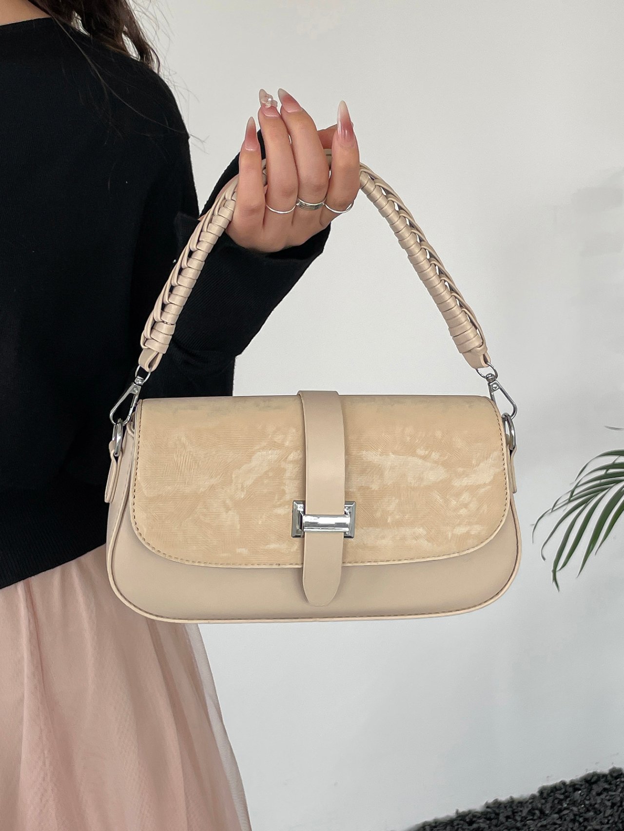 Khaki Shoulder Bag with Braided Strap