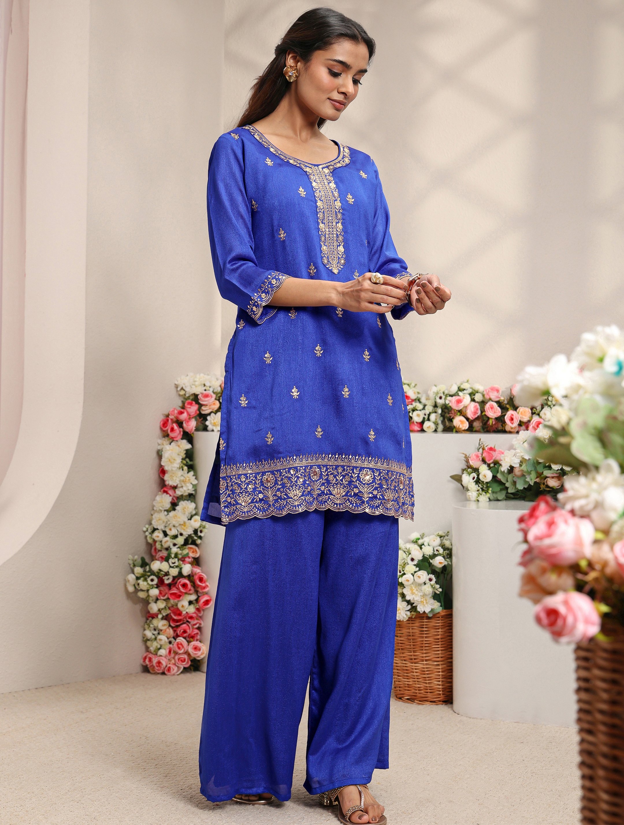 Blue Embroidered Silk Blend Straight Kurta, Palazzo And Dupatta Set