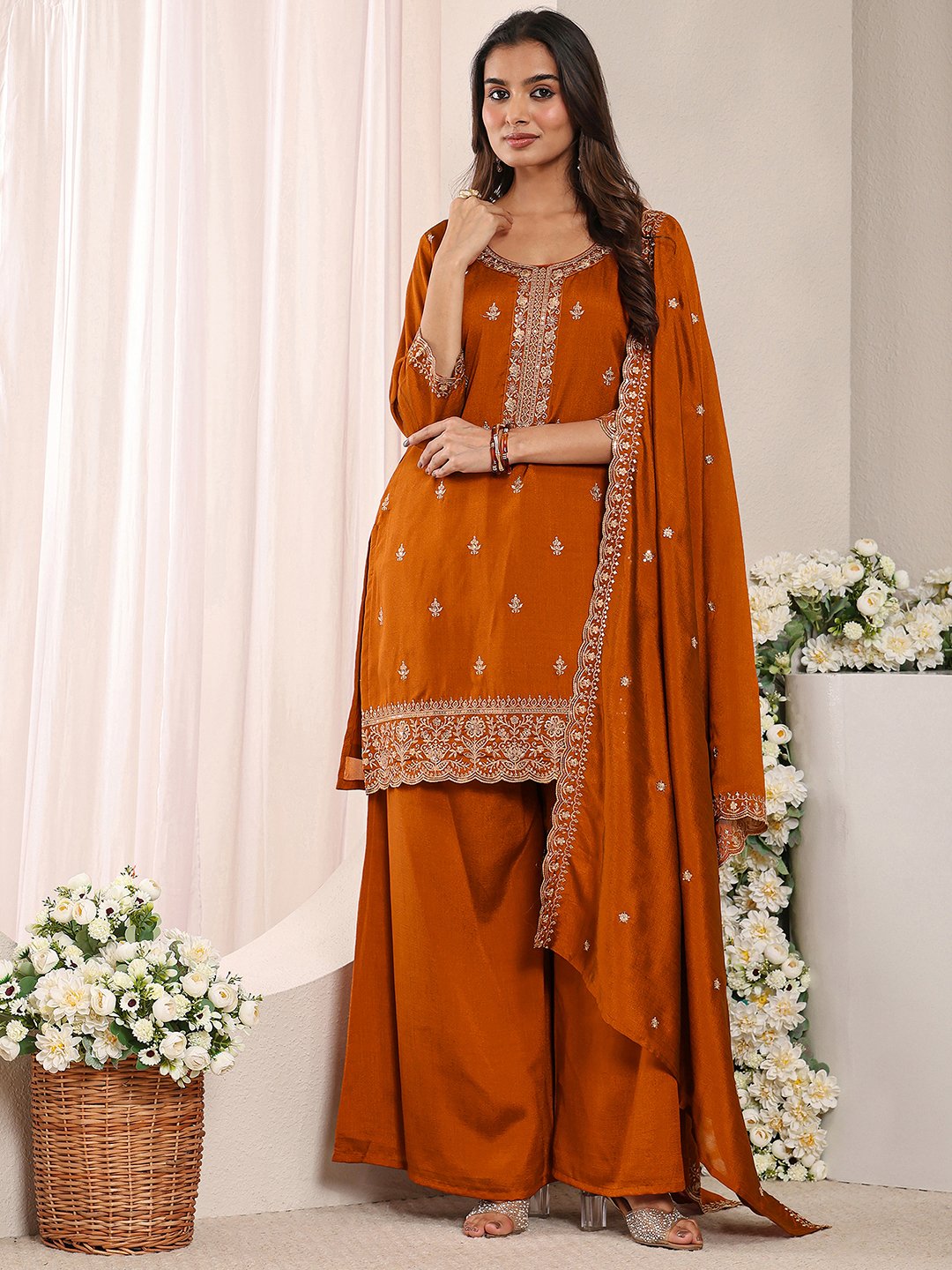 Rust Embroidered Silk Blend Straight Kurta, Palazzo And Dupatta Set