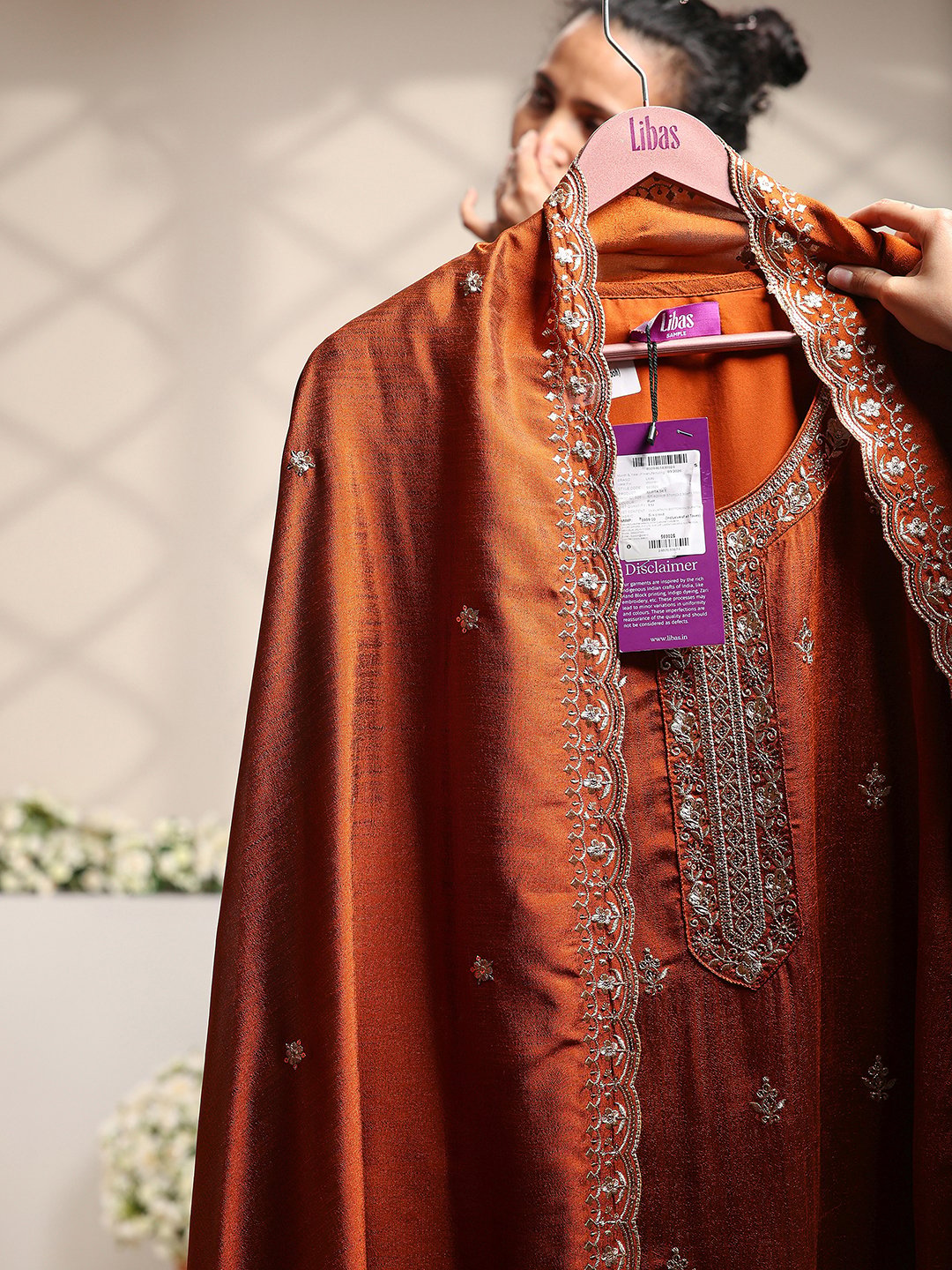 Rust Embroidered Silk Blend Straight Kurta, Palazzo And Dupatta Set