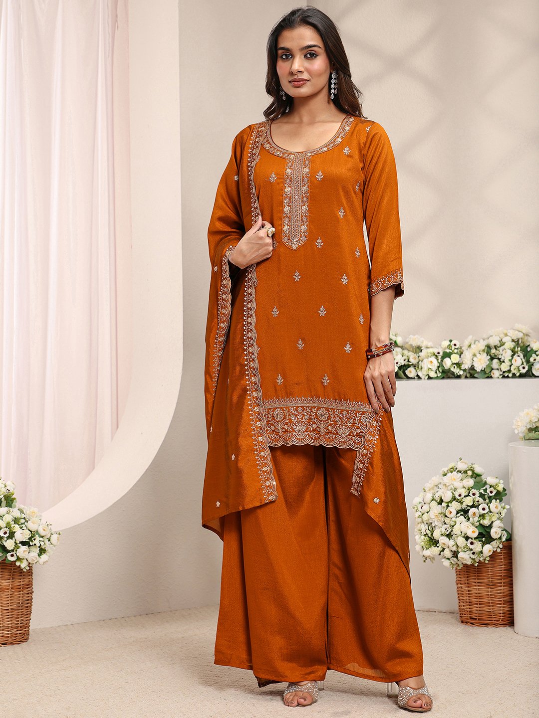 Rust Embroidered Silk Blend Straight Kurta, Palazzo And Dupatta Set