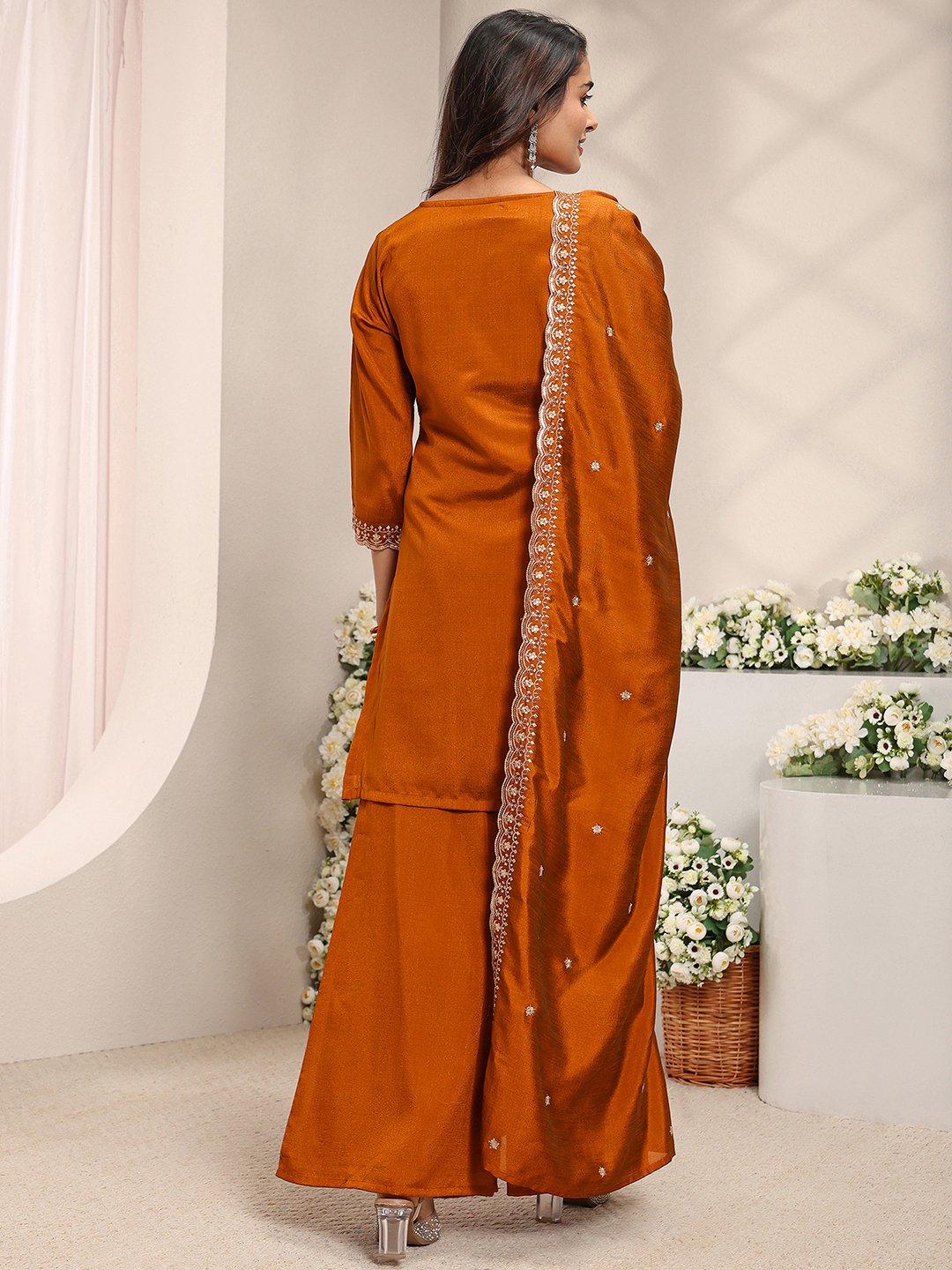 Rust Embroidered Silk Blend Straight Kurta, Palazzo And Dupatta Set