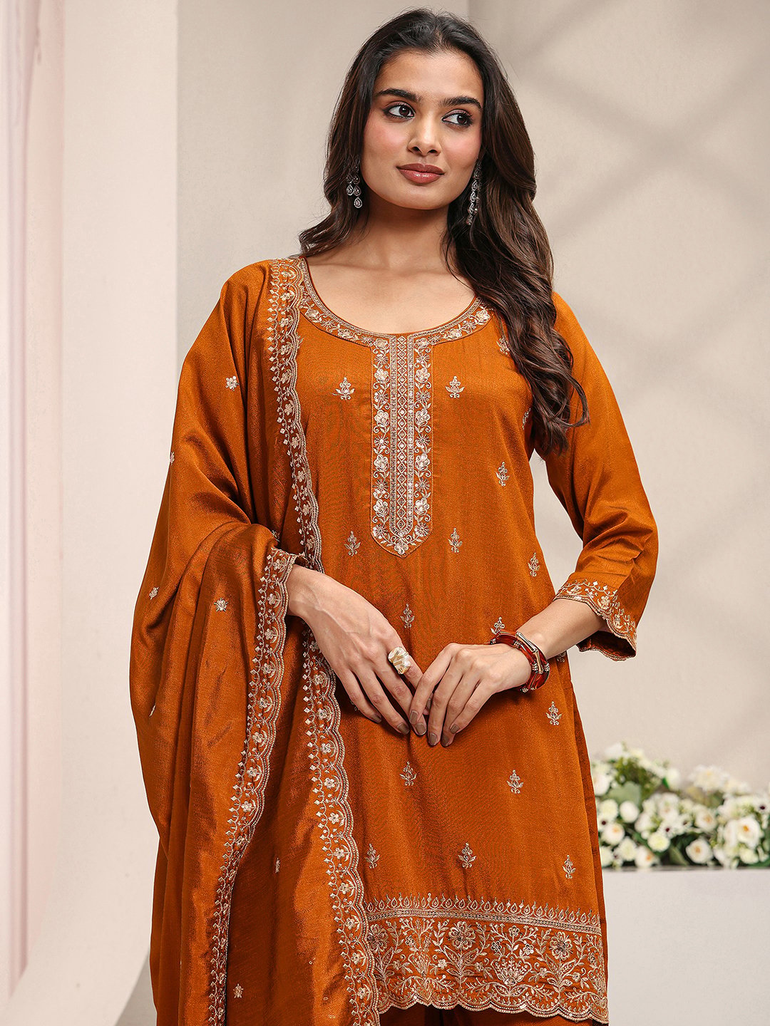 Rust Embroidered Silk Blend Straight Kurta, Palazzo And Dupatta Set