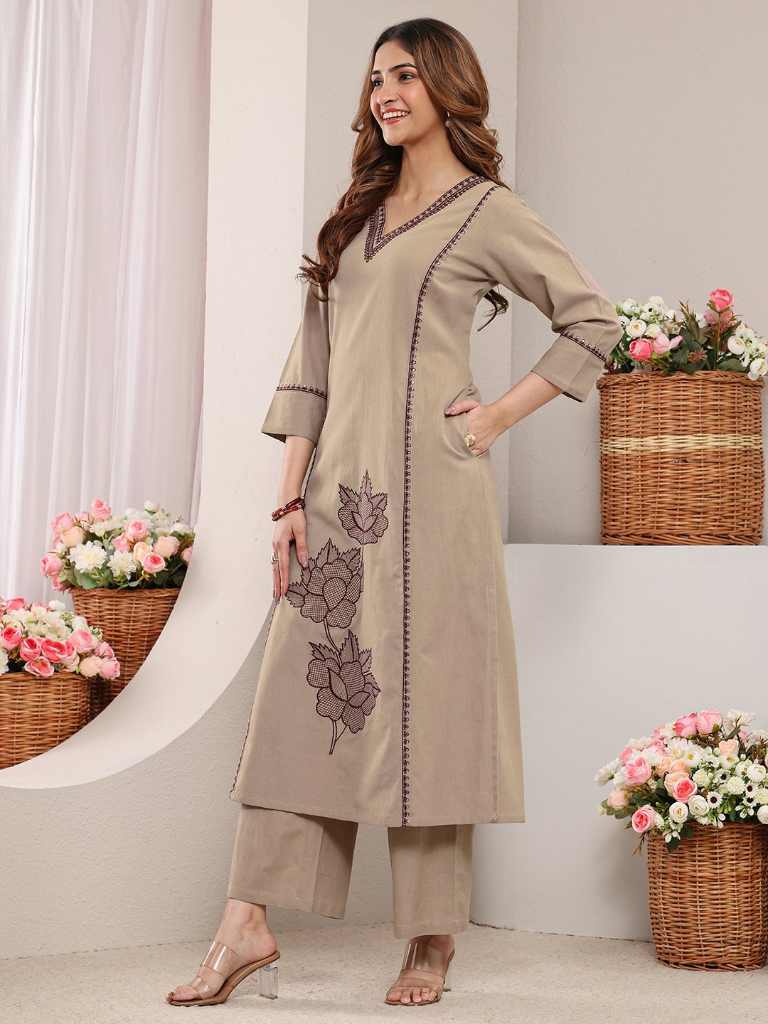 Beige Embroidered Cotton Straight Kurta And Palazzo Set