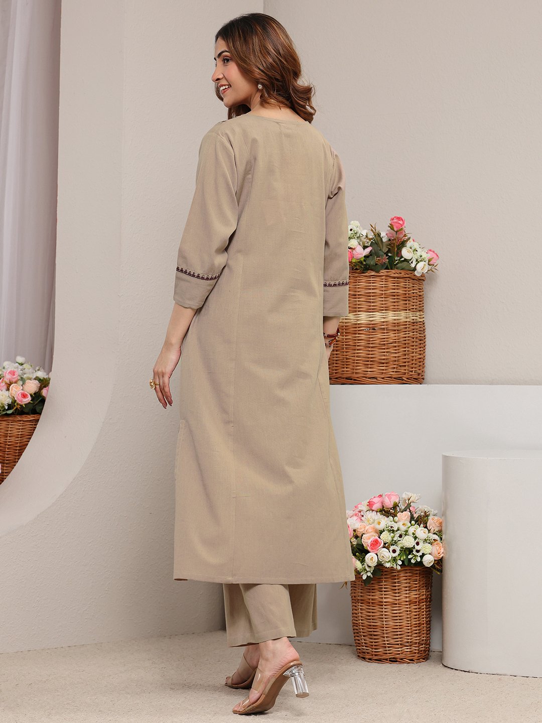 Beige Embroidered Cotton Straight Kurta And Palazzo Set