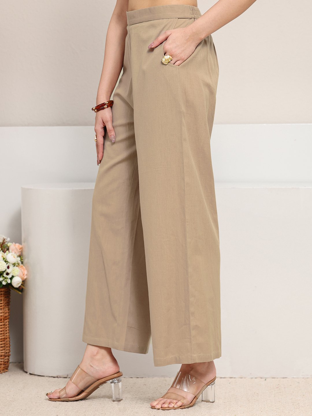 Beige Embroidered Cotton Straight Kurta And Palazzo Set
