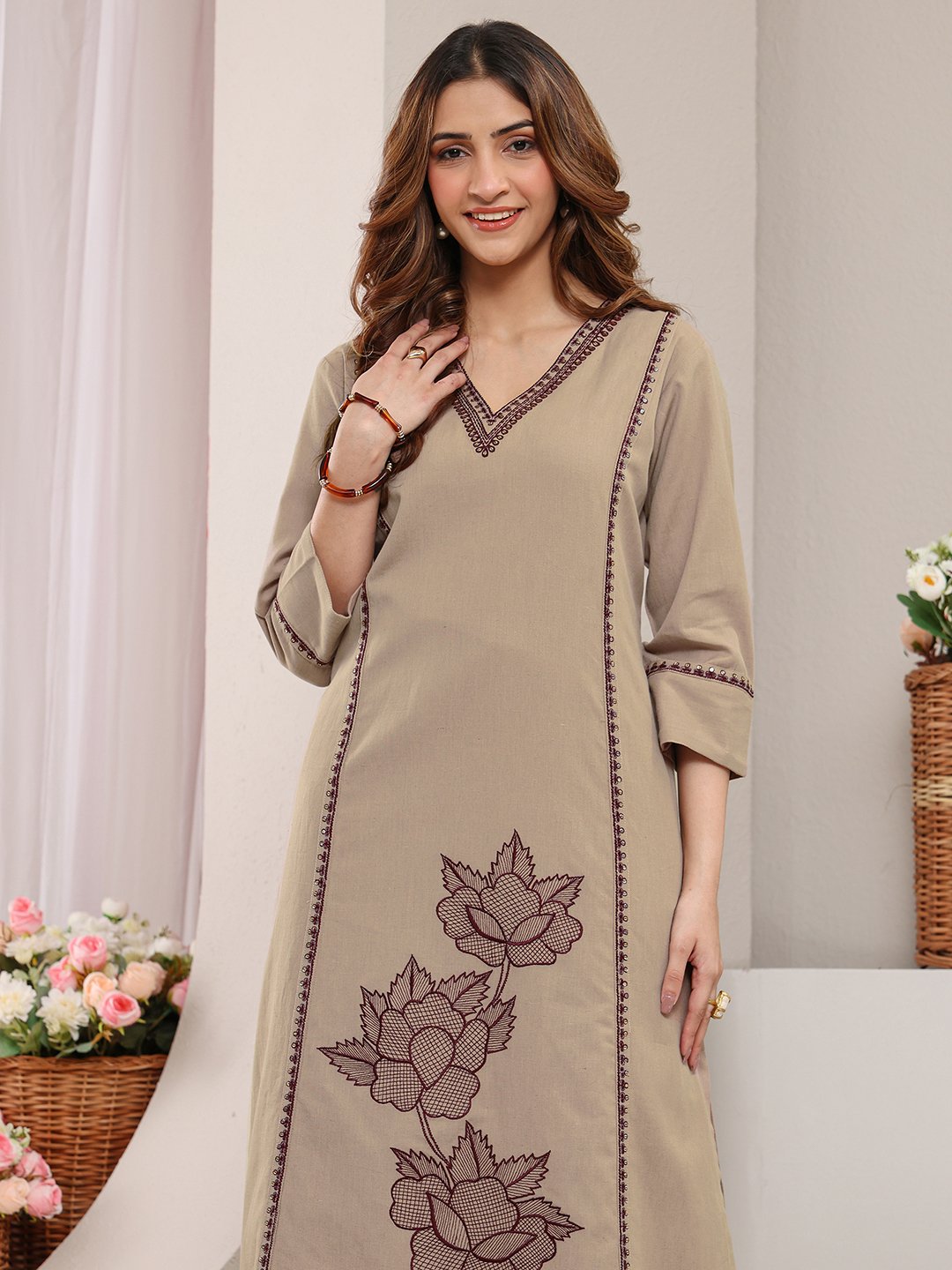 Beige Embroidered Cotton Straight Kurta And Palazzo Set