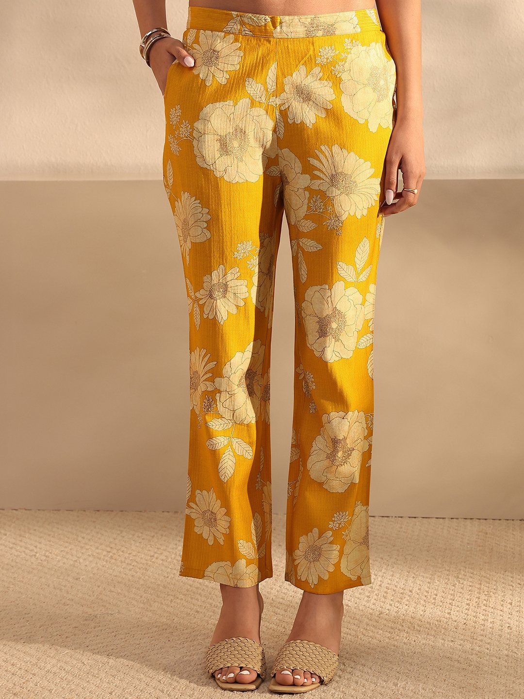 Mustard Printed Silk Blend Straight Kurta And Pants Set