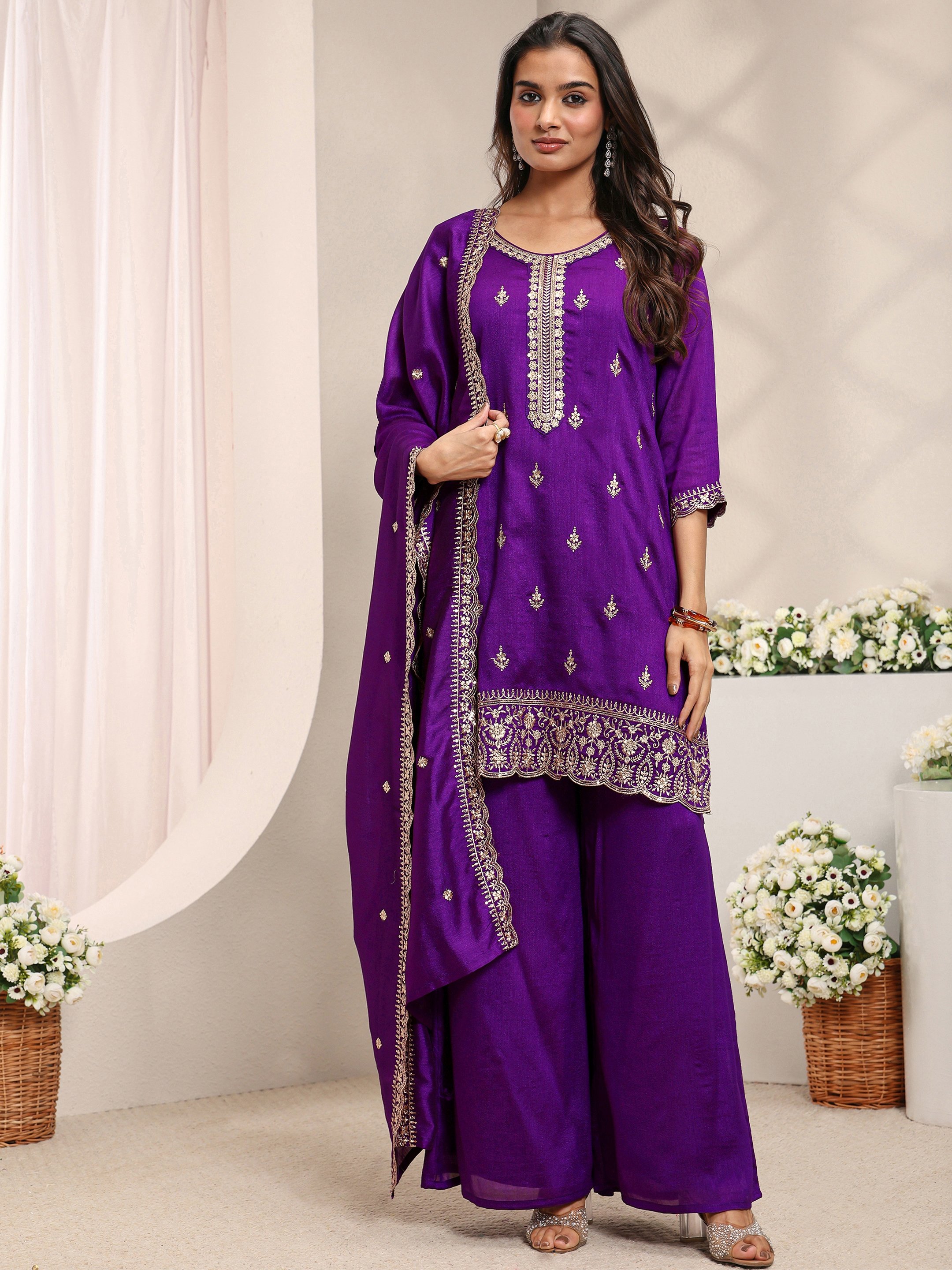 Purple Embroidered Silk Blend Straight Kurta, Palazzo And Dupatta Set