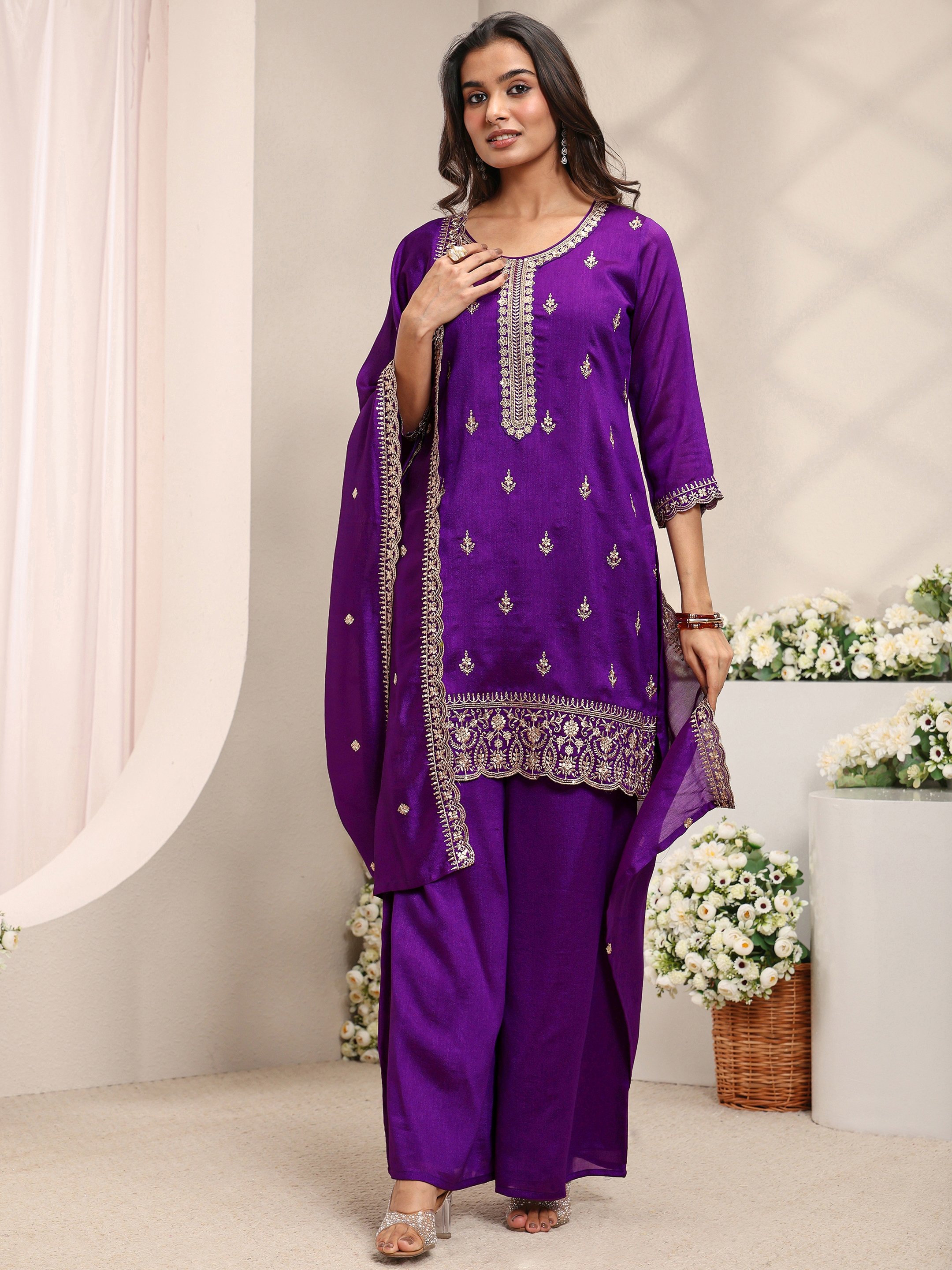 Purple Embroidered Silk Blend Straight Kurta, Palazzo And Dupatta Set