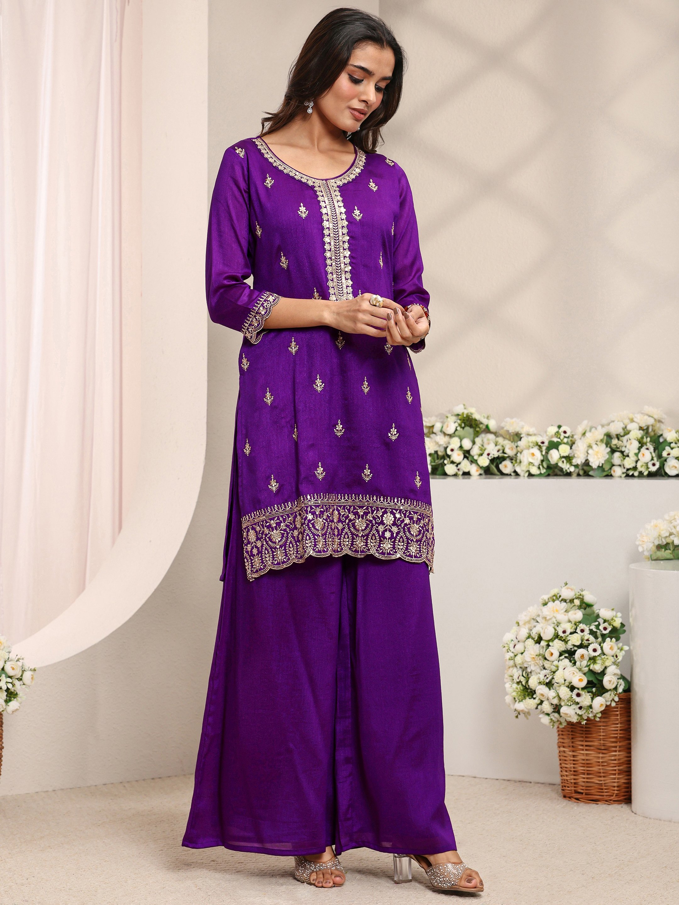 Purple Embroidered Silk Blend Straight Kurta, Palazzo And Dupatta Set