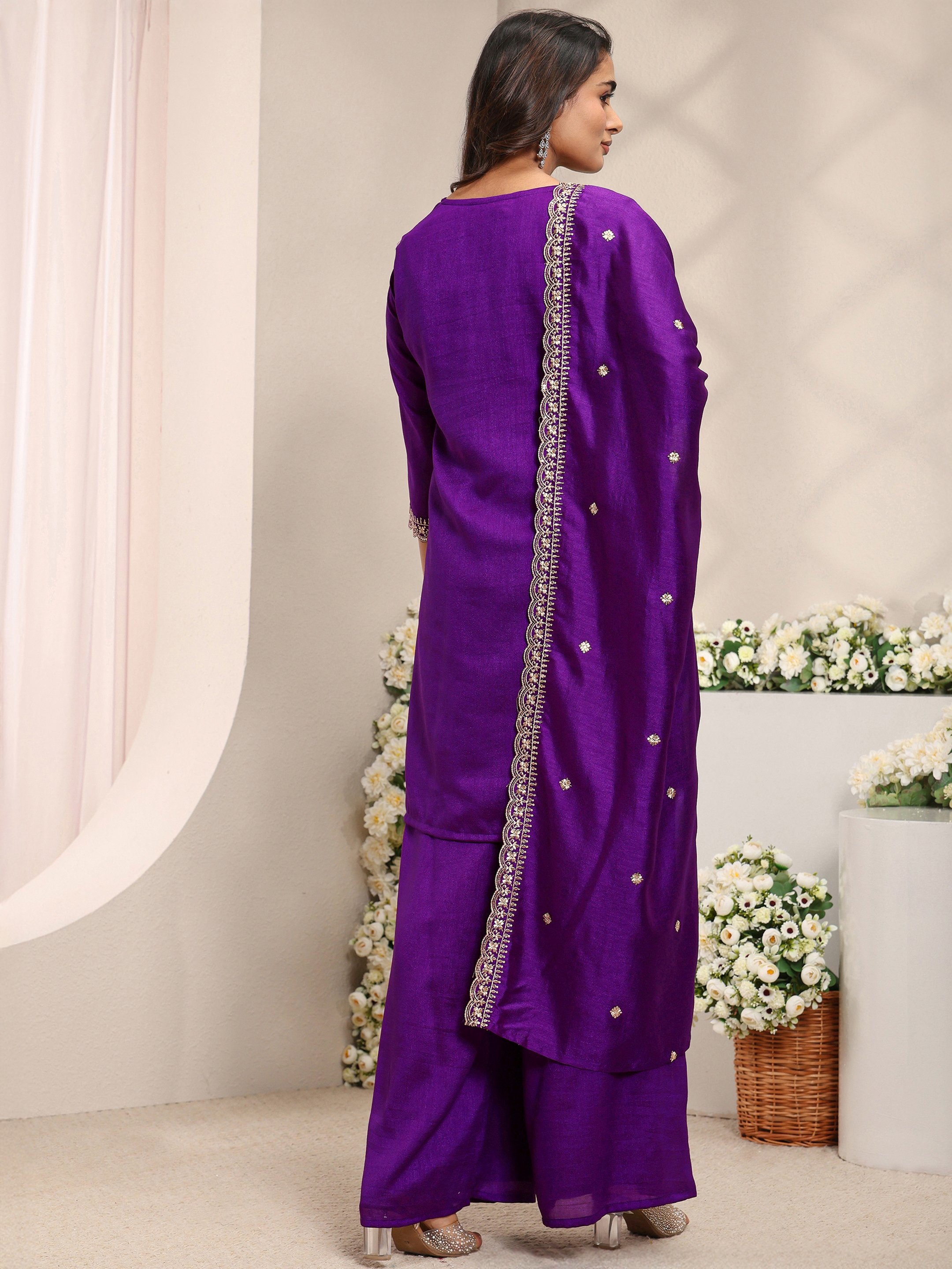 Purple Embroidered Silk Blend Straight Kurta, Palazzo And Dupatta Set