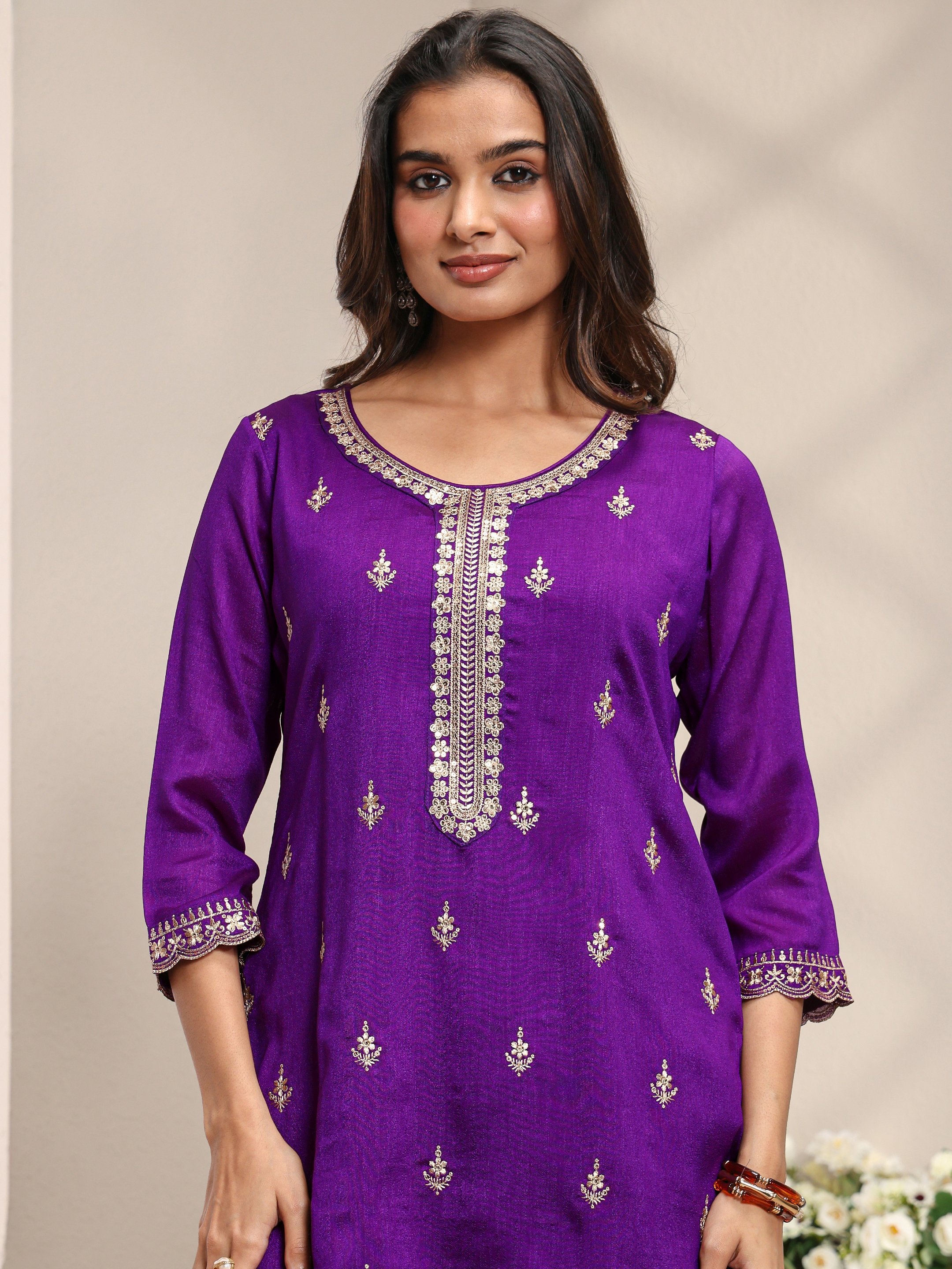 Purple Embroidered Silk Blend Straight Kurta, Palazzo And Dupatta Set