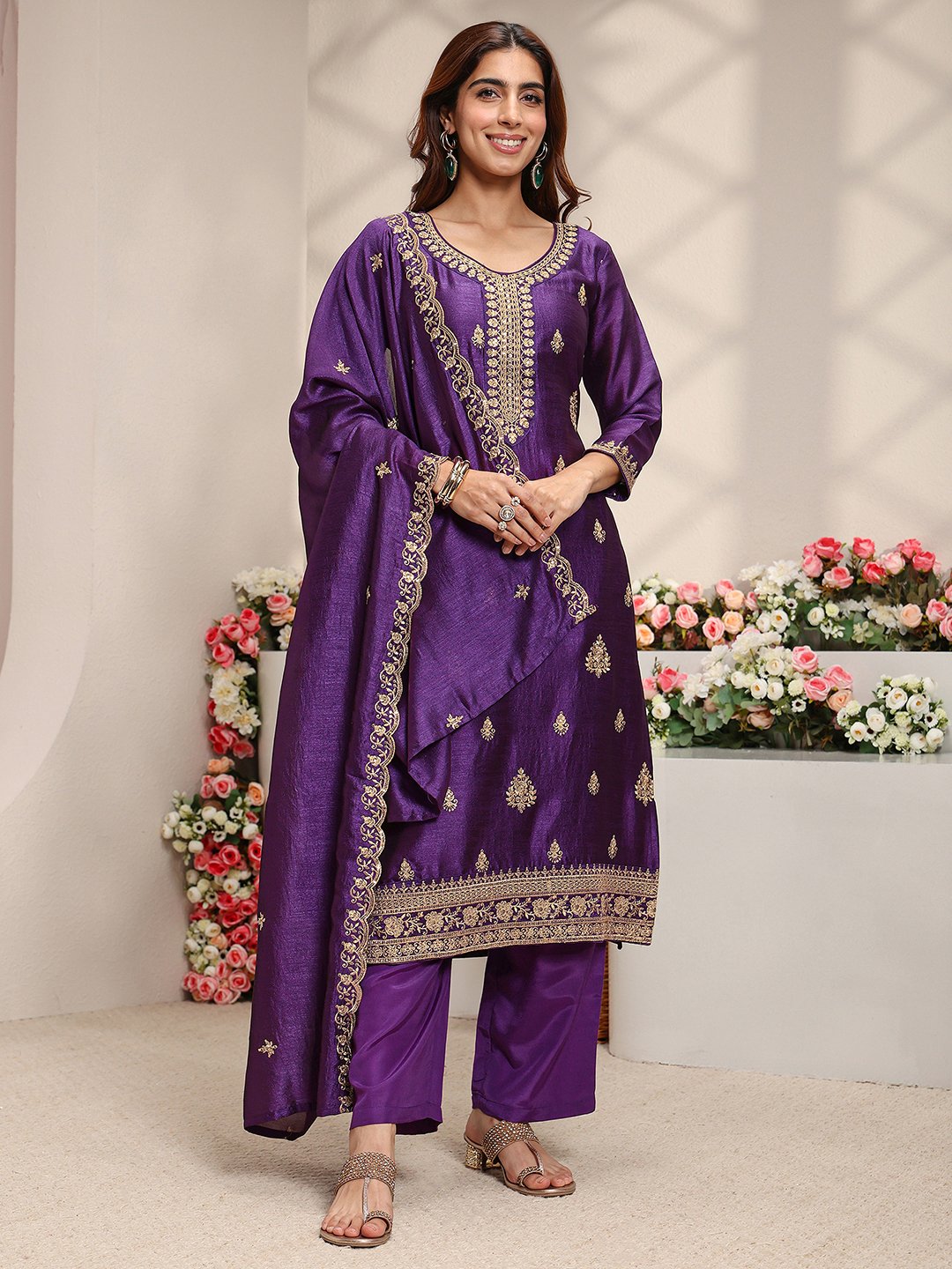 Purple Embroidered Silk Blend Straight Kurta, Pants And Dupatta Set