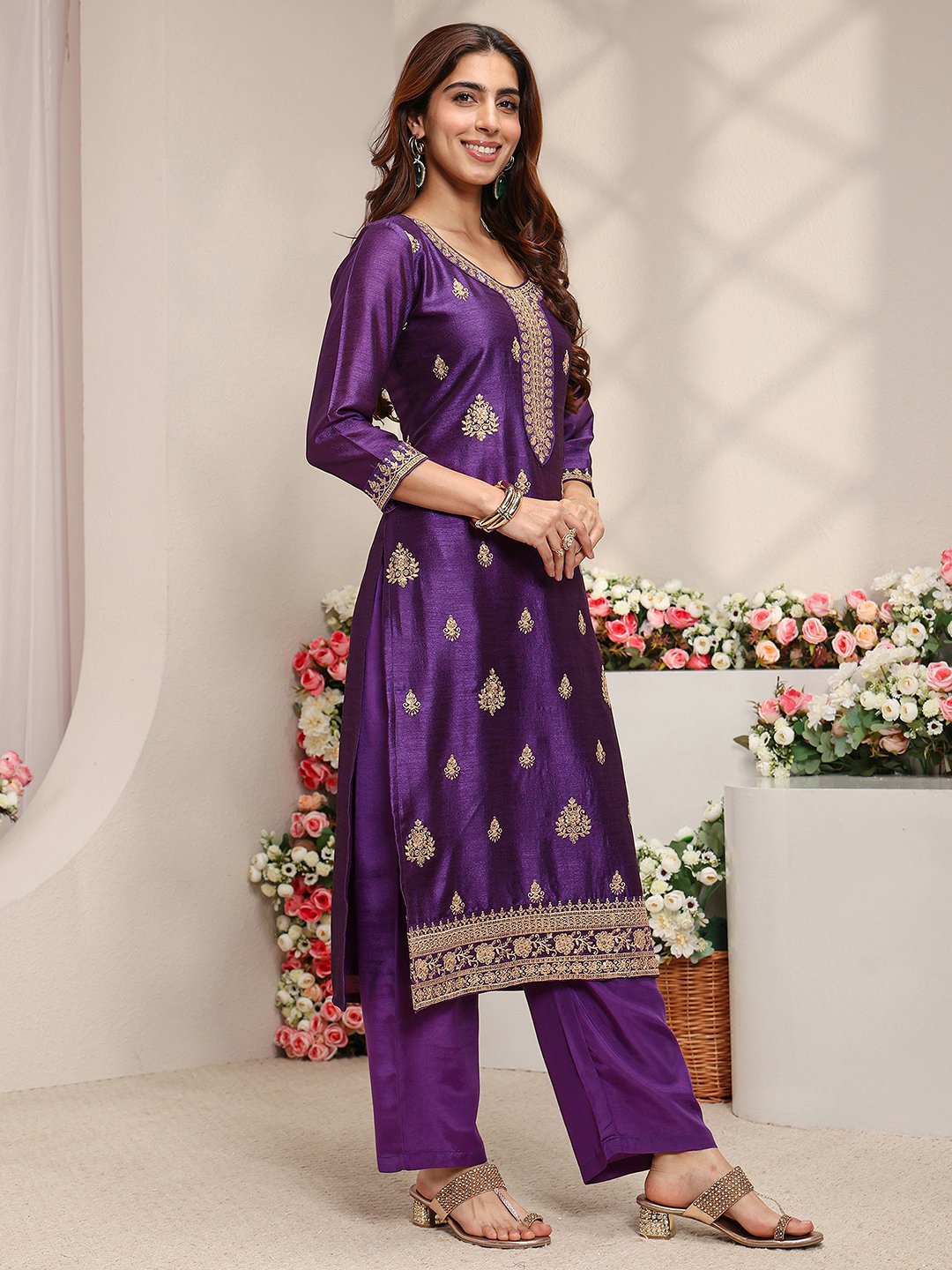 Purple Embroidered Silk Blend Straight Kurta, Pants And Dupatta Set