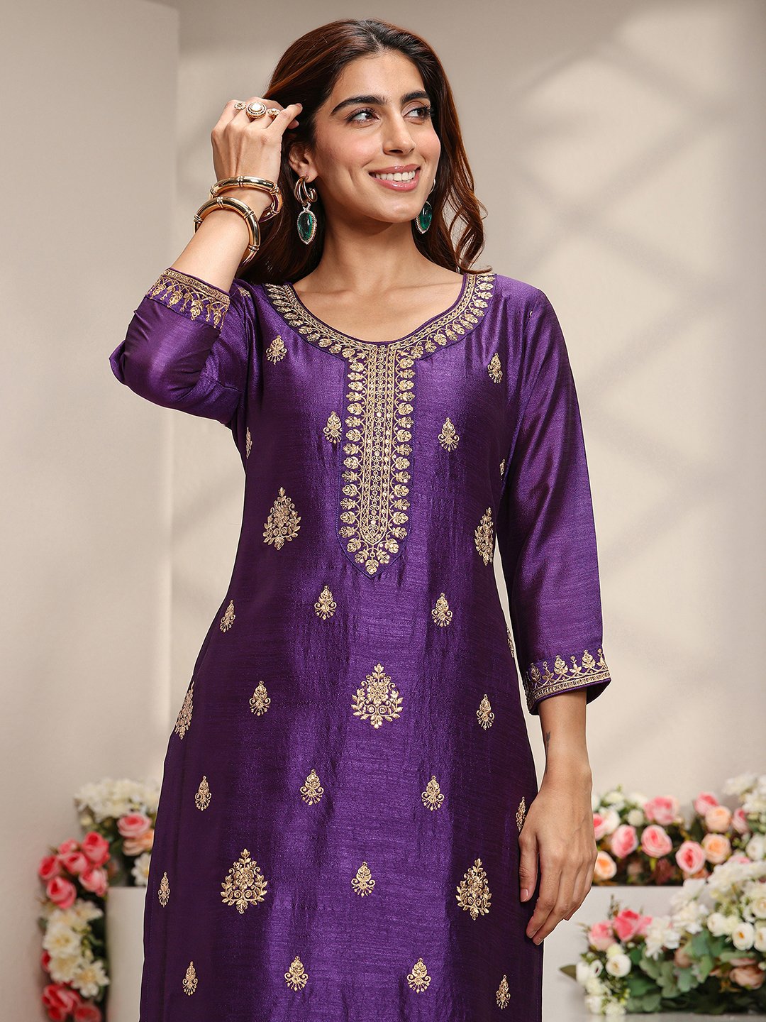 Purple Embroidered Silk Blend Straight Kurta, Pants And Dupatta Set