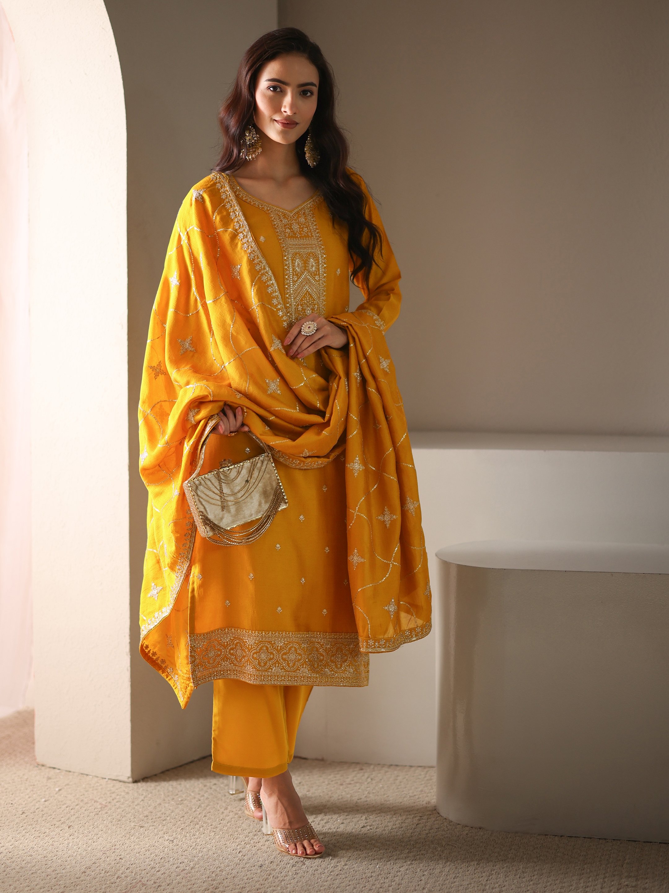 Mustard Embroidered Silk Blend Straight Kurta, Trousers And Dupatta Set