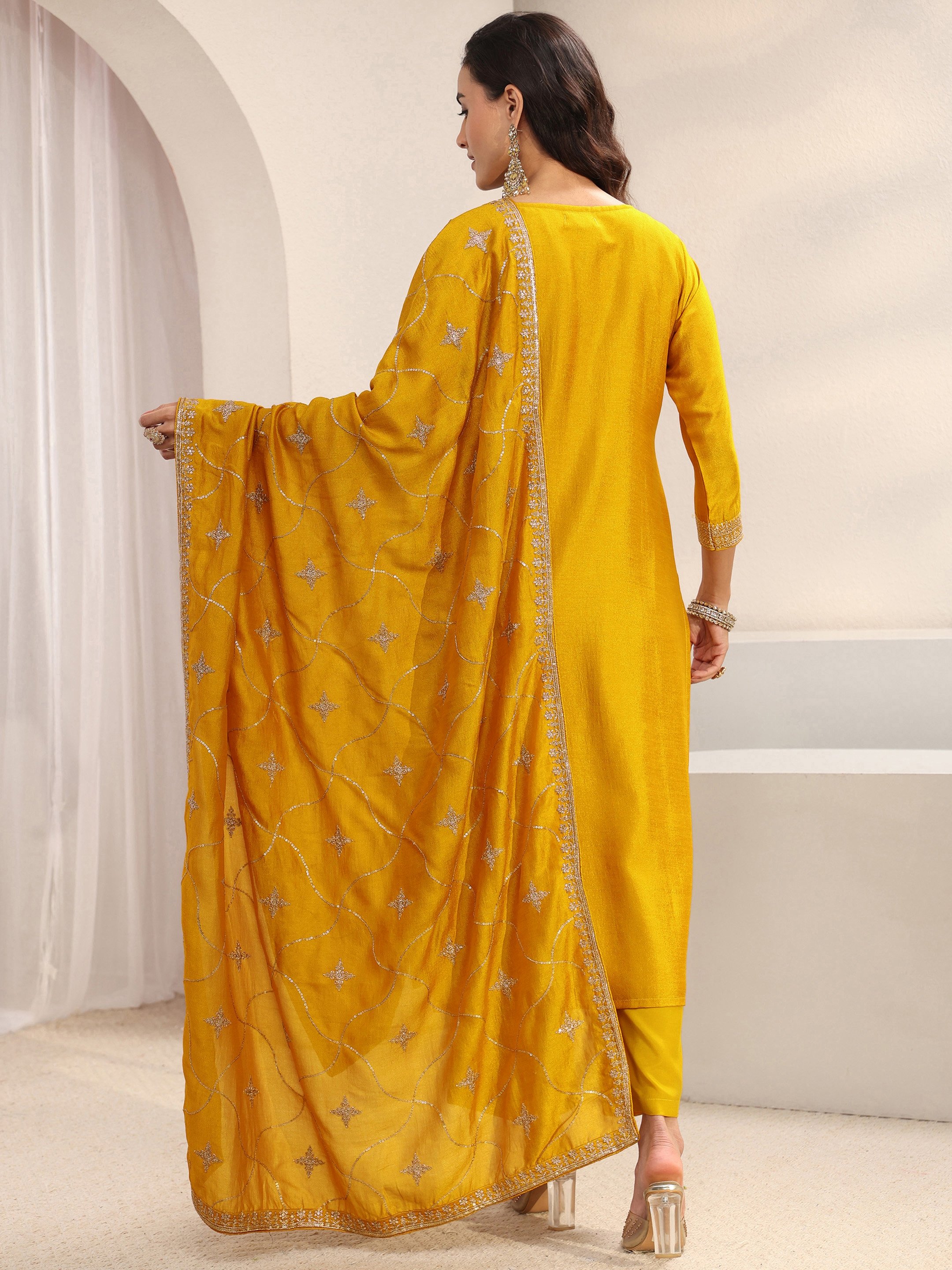 Mustard Embroidered Silk Blend Straight Kurta, Trousers And Dupatta Set