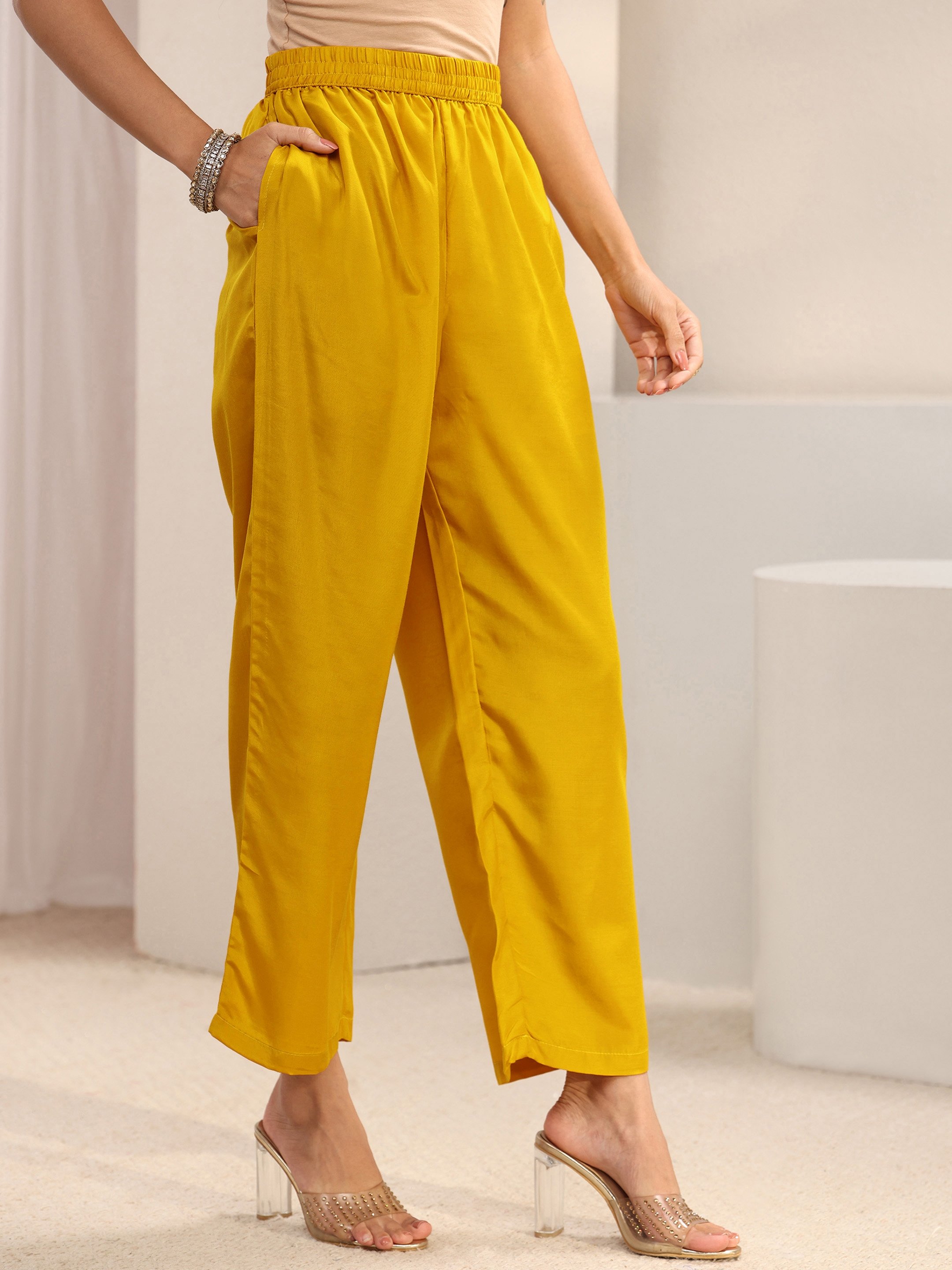 Mustard Embroidered Silk Blend Straight Kurta, Trousers And Dupatta Set