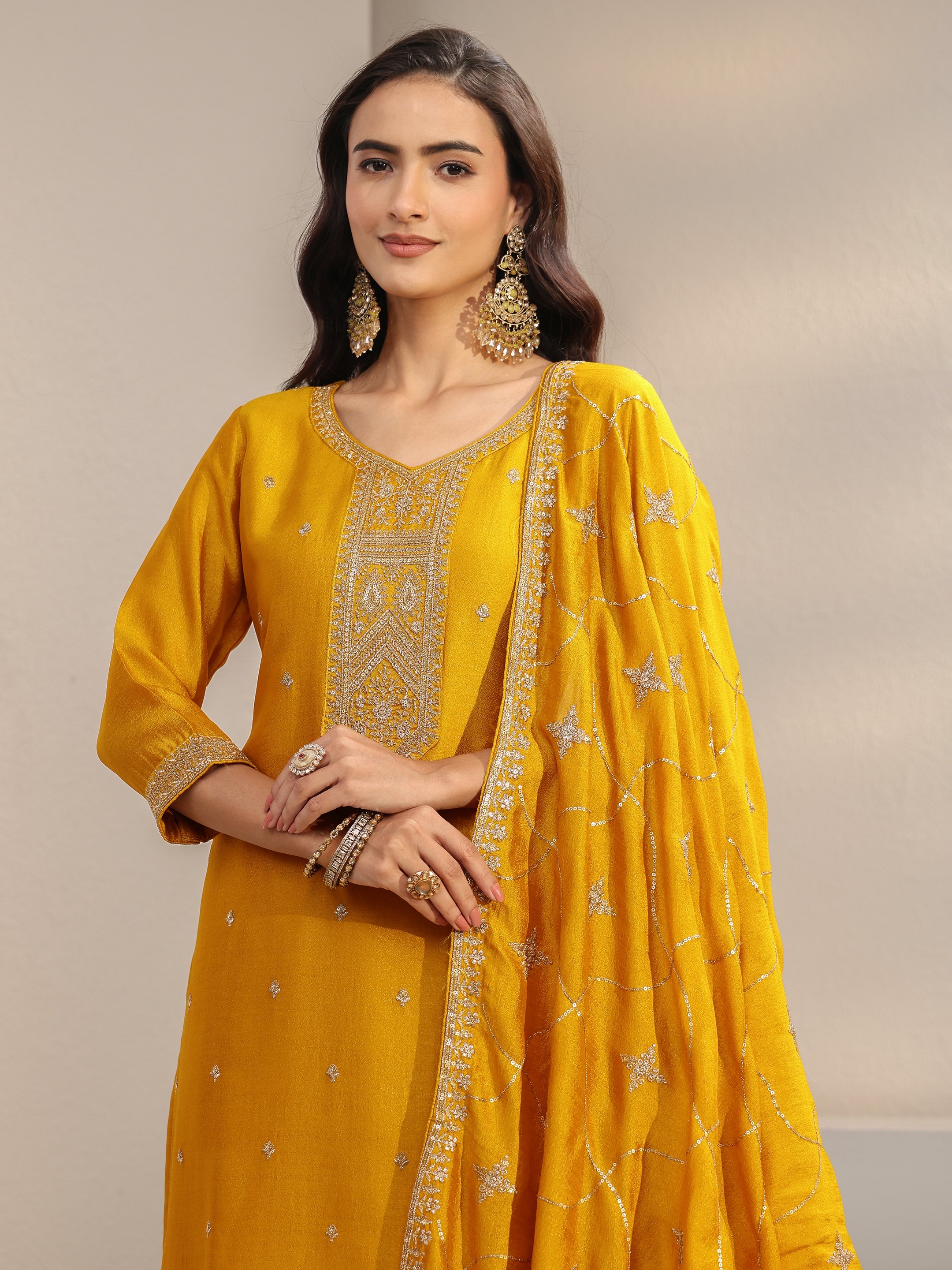 Mustard Embroidered Silk Blend Straight Kurta, Trousers And Dupatta Set