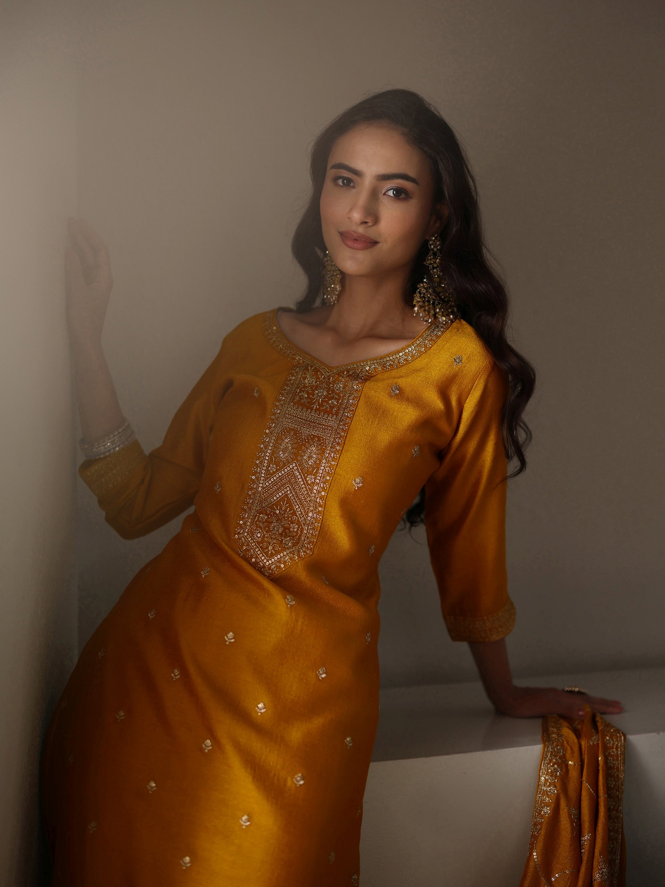 Mustard Embroidered Silk Blend Straight Kurta, Trousers And Dupatta Set