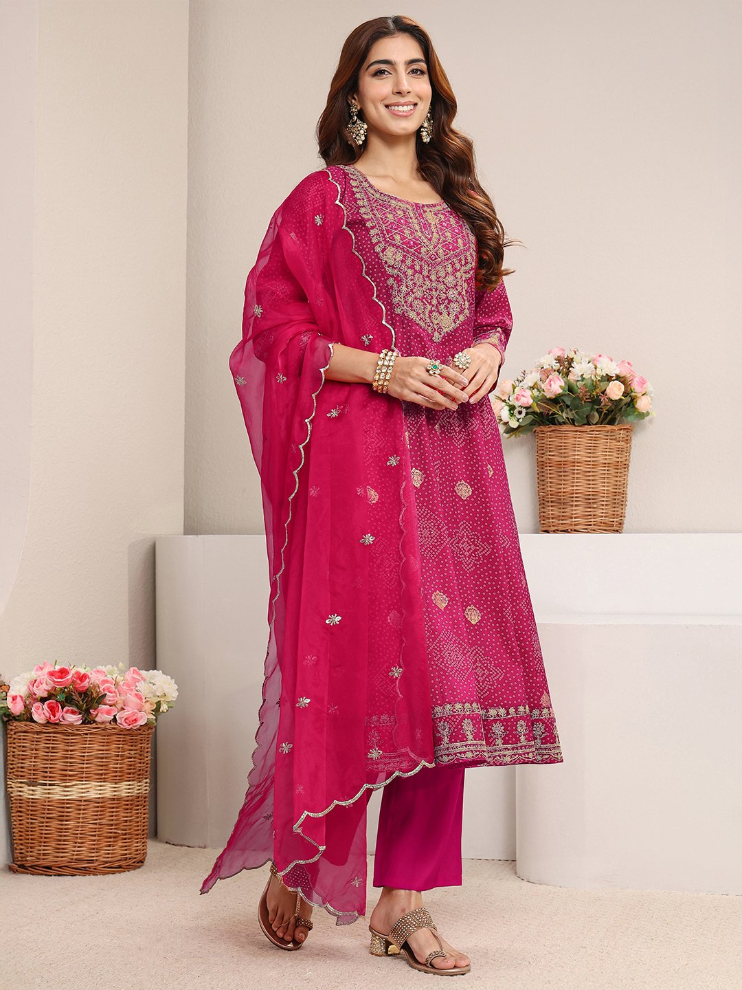 Pink Embroidered Silk Blend A-Line Kurta, Straight Pants And Dupatta Set