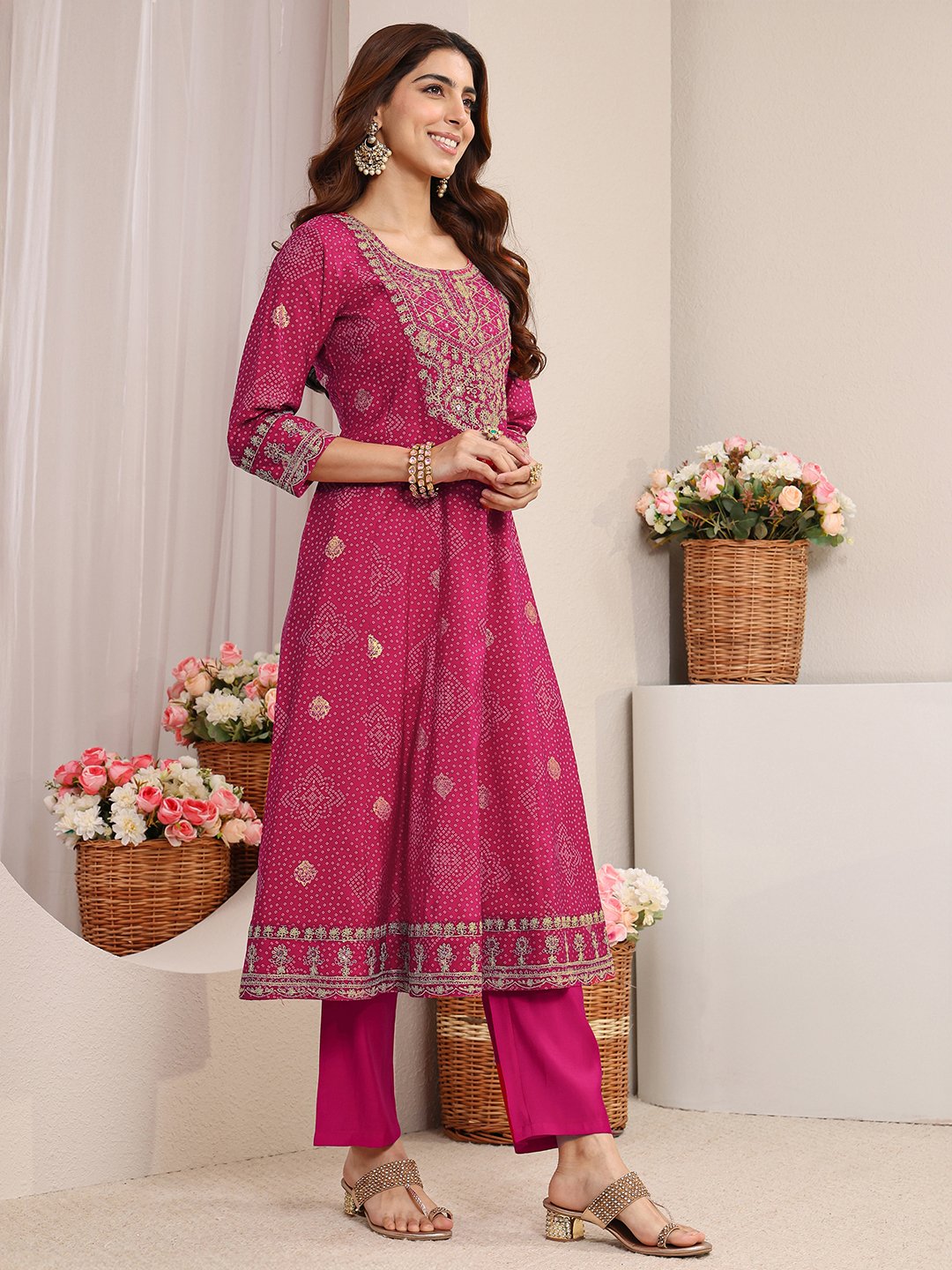 Pink Embroidered Silk Blend A-Line Kurta, Straight Pants And Dupatta Set