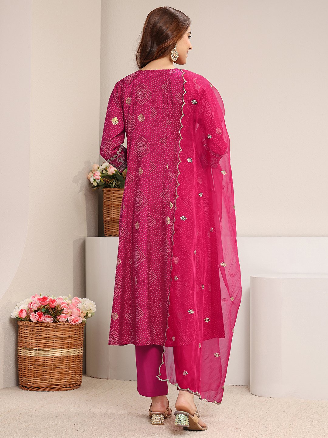 Pink Embroidered Silk Blend A-Line Kurta, Straight Pants And Dupatta Set