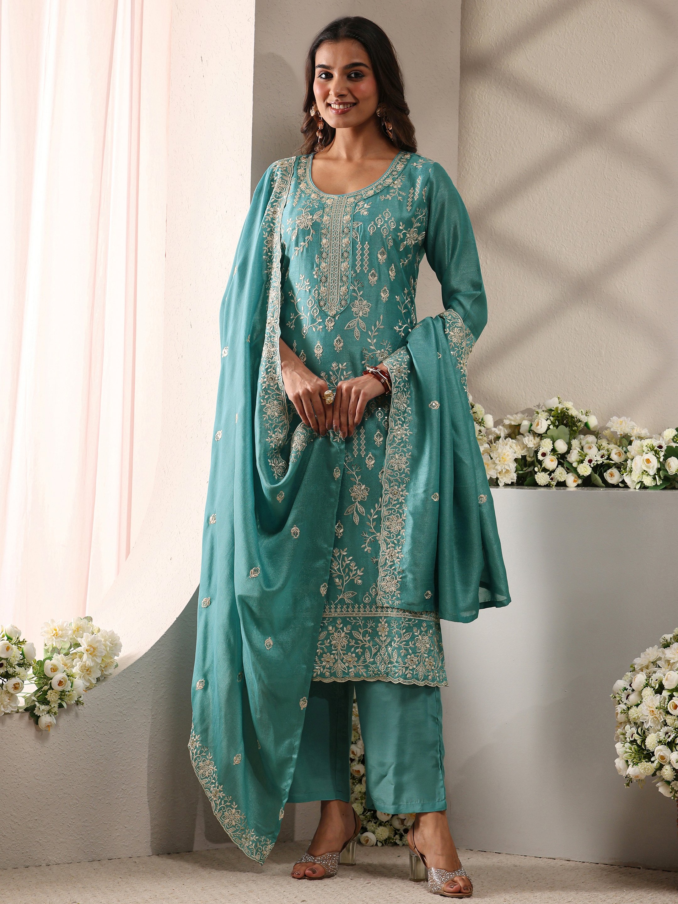 Blue Embroidered Silk Blend Straight Kurta, Pants And Dupatta Set