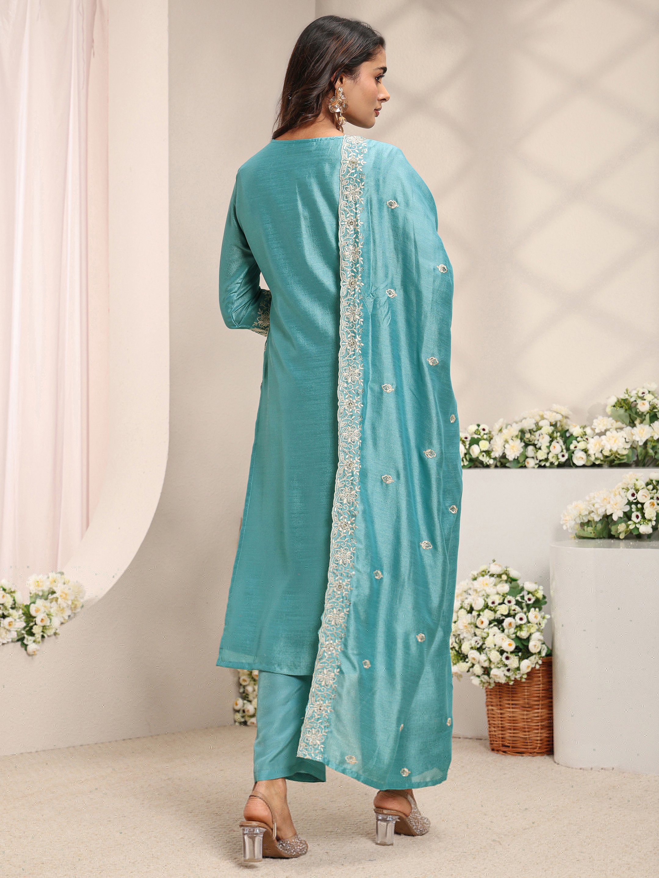 Blue Embroidered Silk Blend Straight Kurta, Pants And Dupatta Set