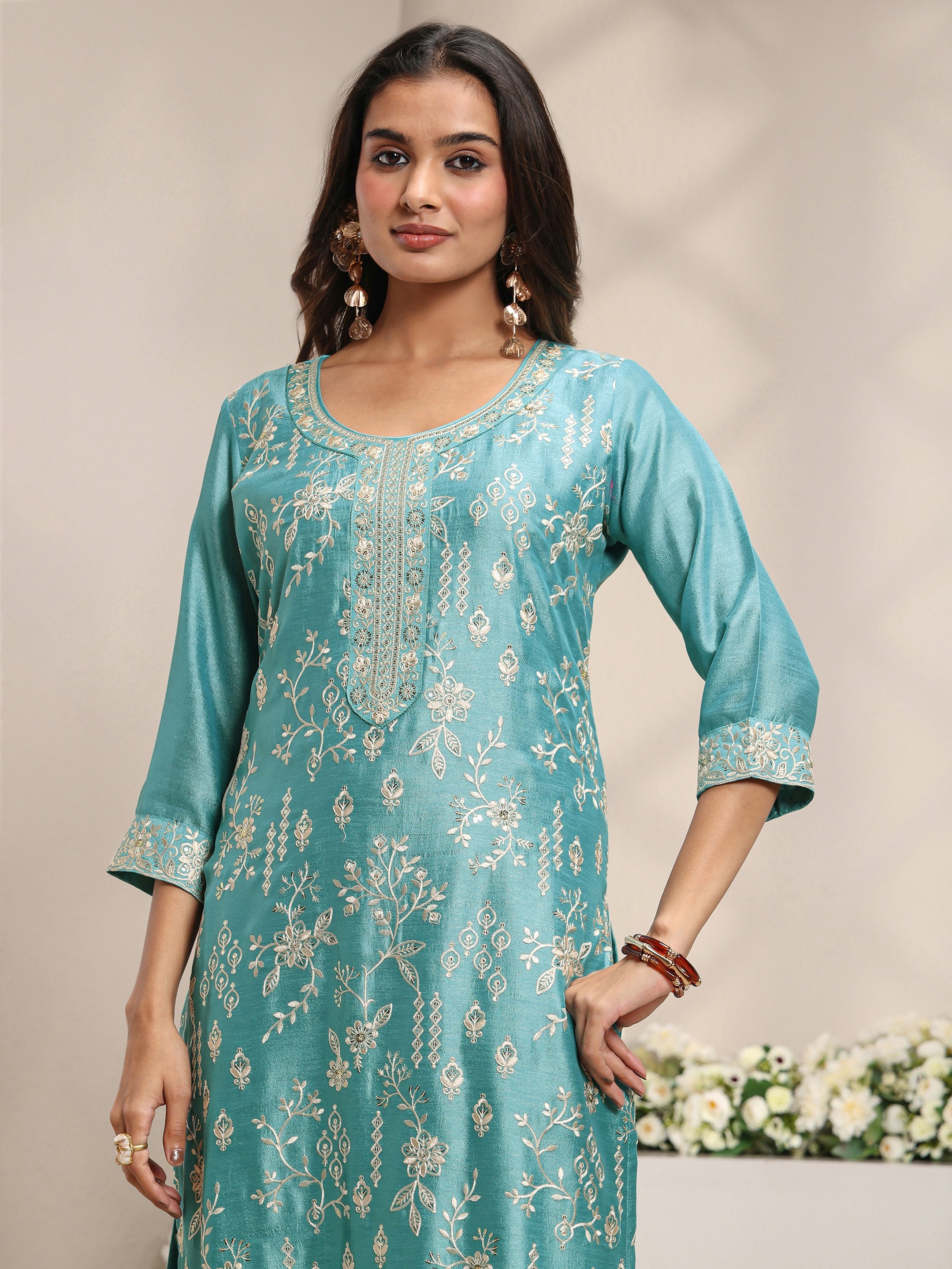 Blue Embroidered Silk Blend Straight Kurta, Pants And Dupatta Set