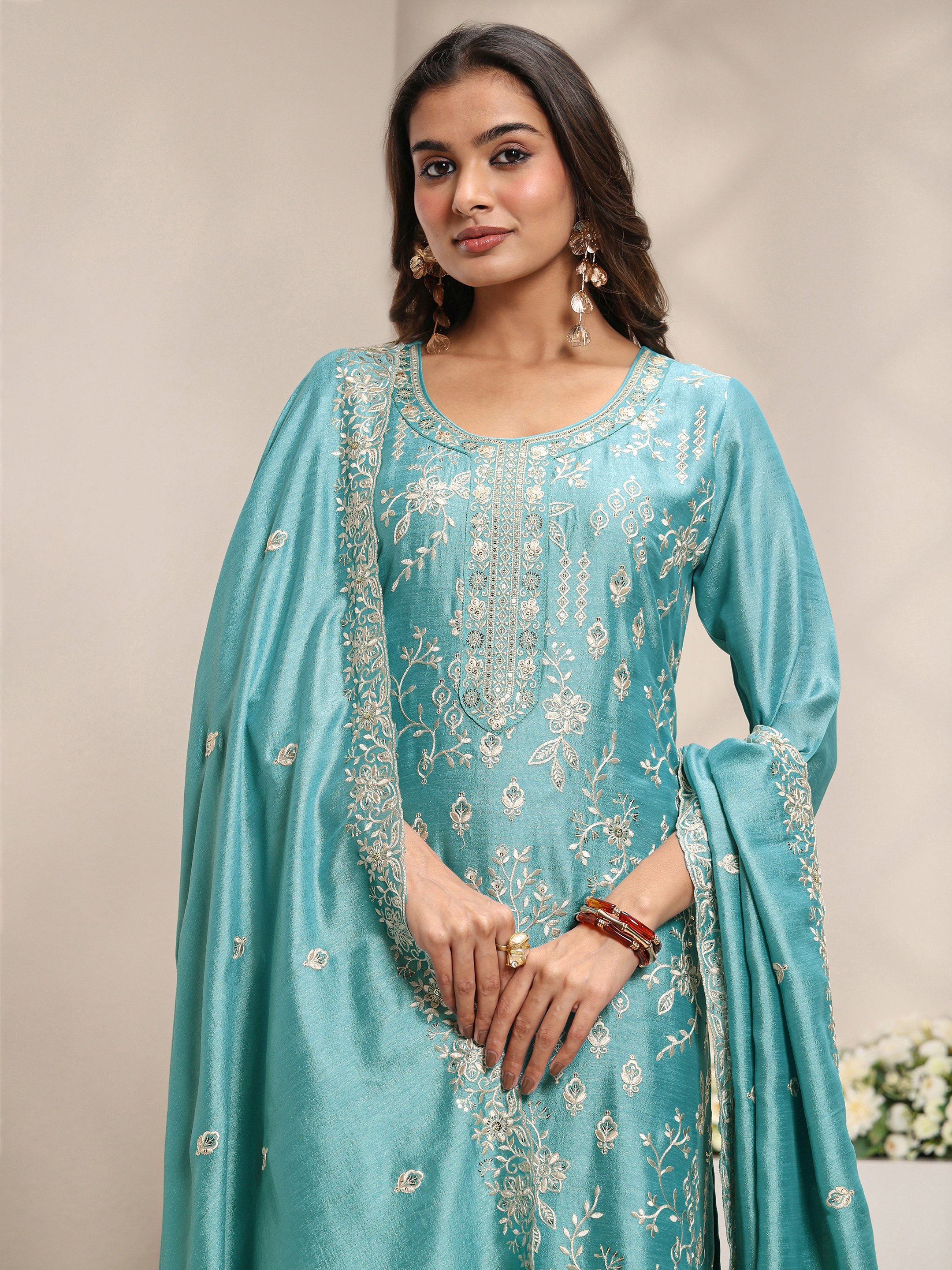 Blue Embroidered Silk Blend Straight Kurta, Pants And Dupatta Set